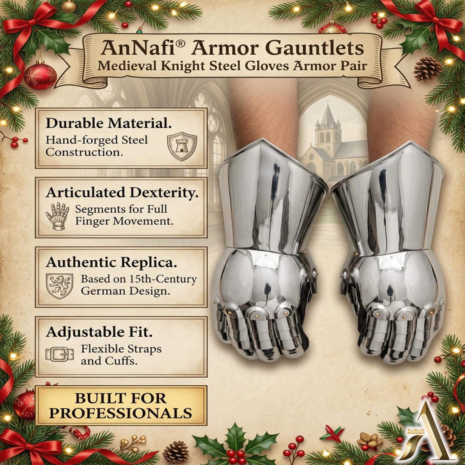 AnNafi® Armor Gauntlets Steel Gloves Armor Pair | Medieval Knight Costume| Warrior Metal Gauntlet