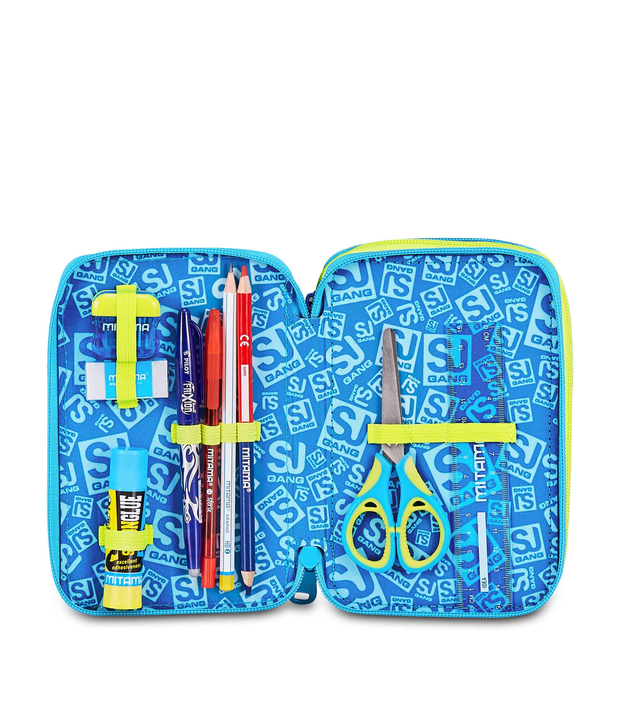 SJ GANG STYLE JAM GANG Astuccio Scuola 3 Zip 3D GLOWGAME, Blu, Triplo Scomparto, Scocca con pallone da calcio in rilievo, Portapenne Attrezzato, 45 pezzi, Accessori Zaino, Scuola elementare, Bambino