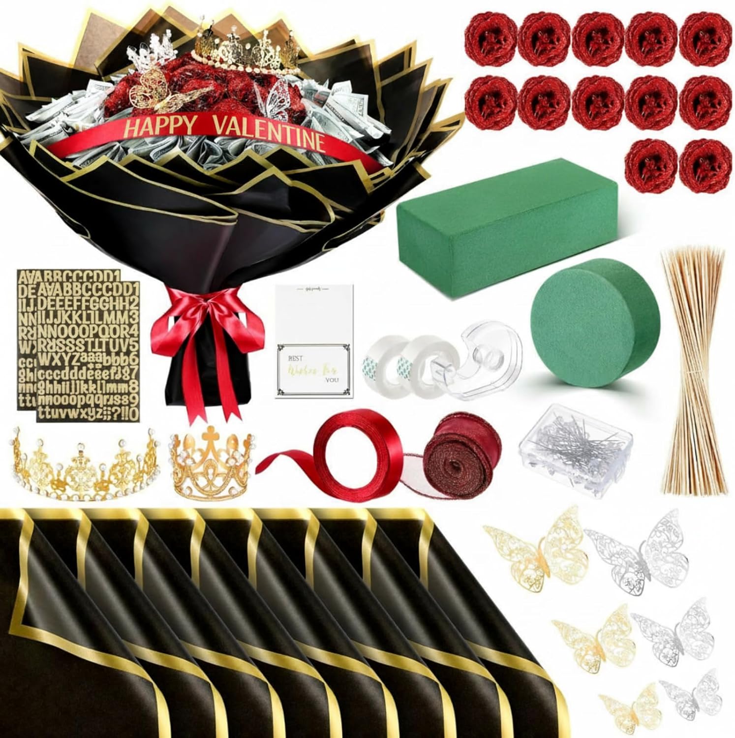 Maysing Valentine's Day Money Bouquet Kit 12 Pcs Glitter Roses 20 Sheet Flower Wrapping Paper DIY Flower Bouquet Floral Foam Blocks Sticker for Anniversary Birthday Mother's Day Graduation(Red)