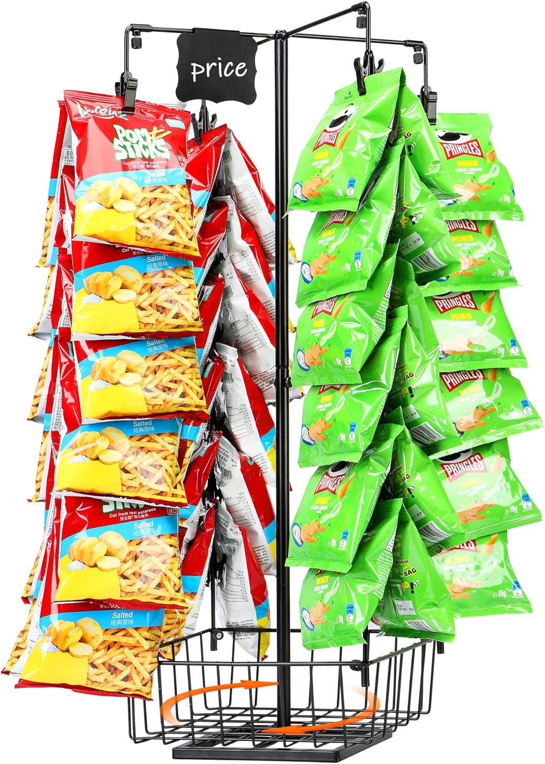 GADFISH Chip Rack Display Stand with Basket, 4Row 56 Clips