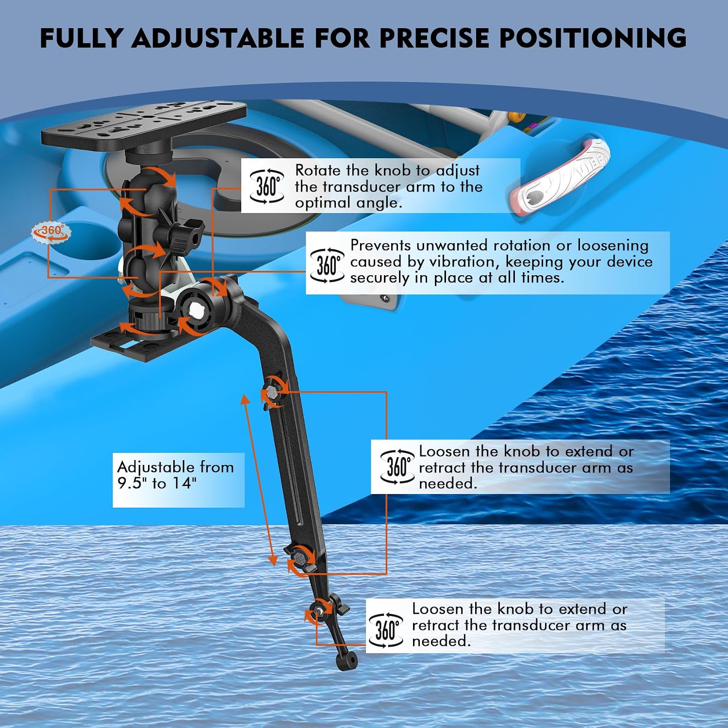Universal Kayak Fish Finder Mount with Transducer Arm Adjustable 9–14” Tool-Free Rail Installation