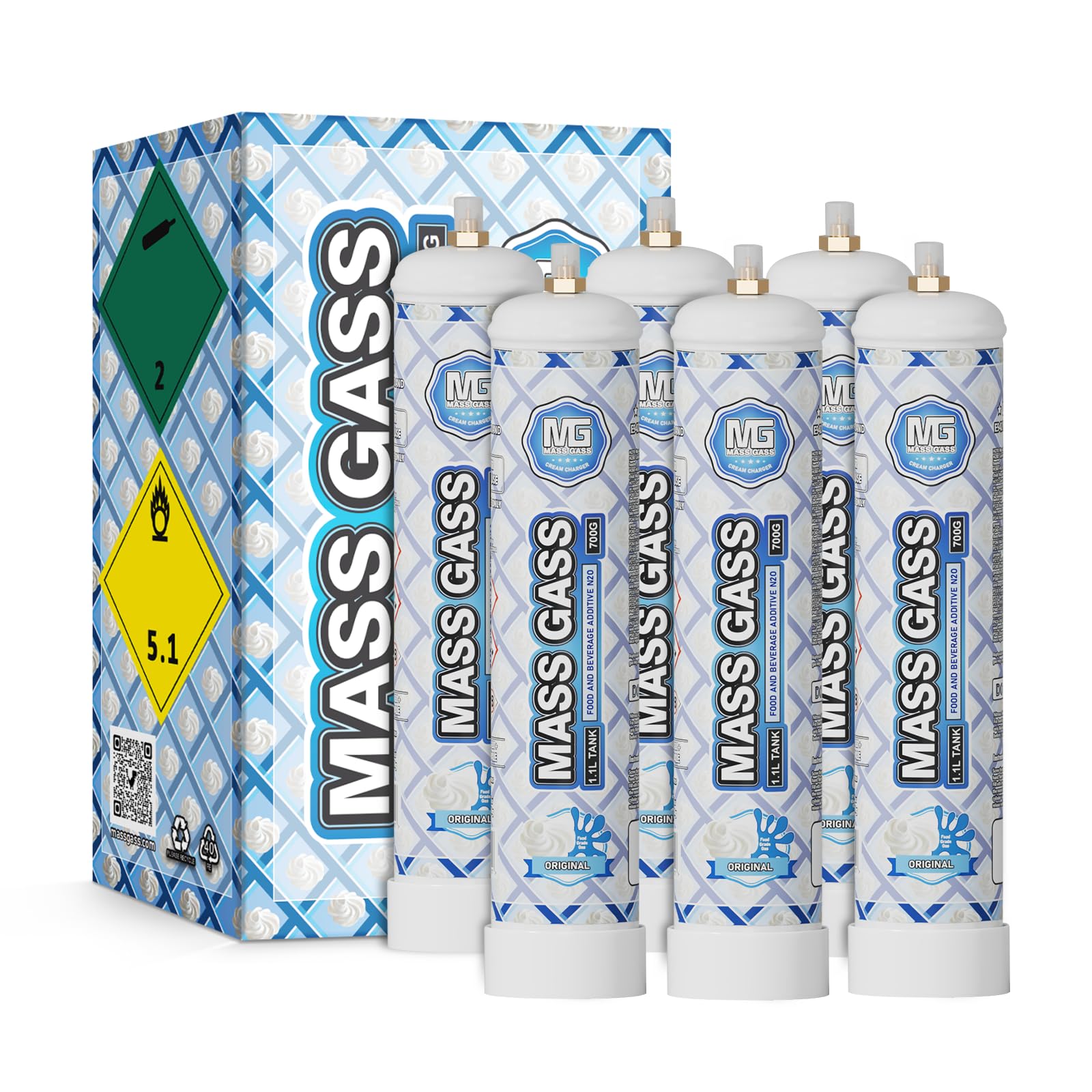 Whipped Cream Chargers 1.1L 12 Tanks,MassGass Cream Chargers,Whip Cream Charger Food Grade 99.9%-Purity (700g,12 Cylinders, Original)