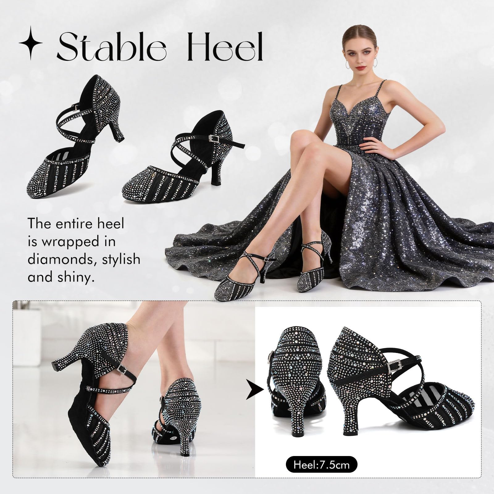 Scarpe da Ballo Donna Latino con Strass Punta Chiusa Salsa Ballroom Bachata Tango Scarpe da Ballo