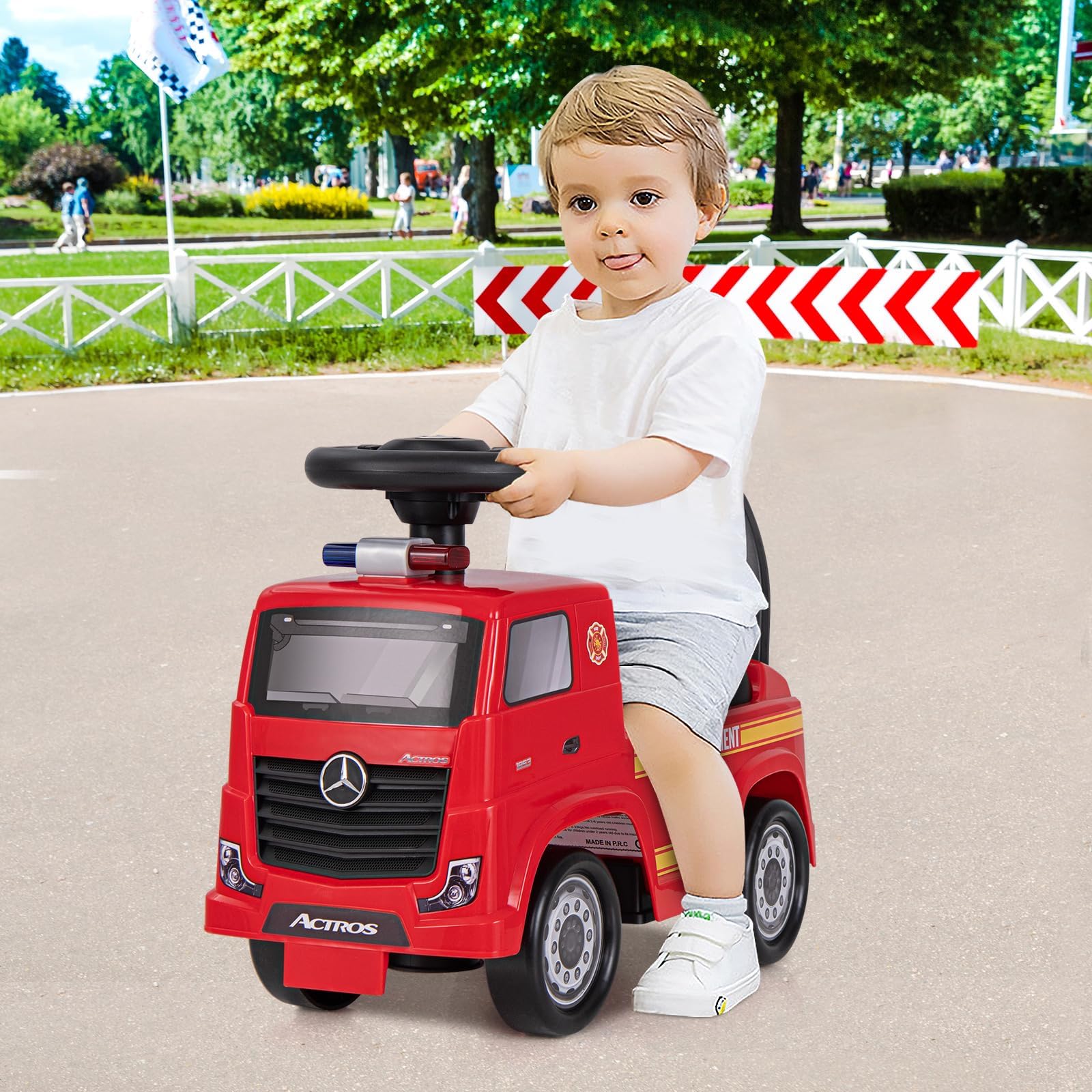 COSTWAY Mercedes Benz Rutschauto, Schiebeauto mit Stauraum & Musik & Hupe & Kippschutz, Kinder Rutscher Feuerwehrauto mit Warnlampe für Kinder ab 2 Jahren, Rot
