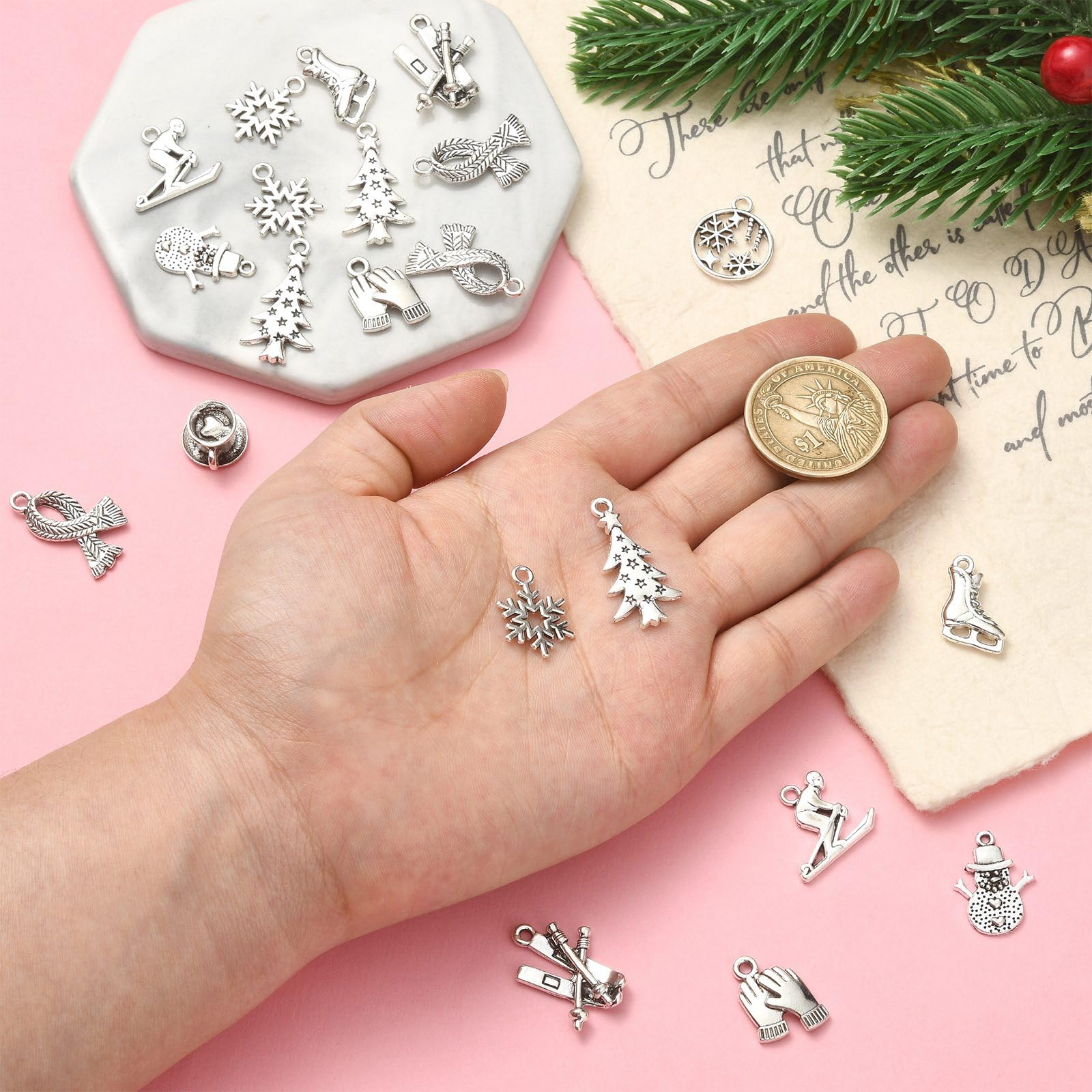 UR URLIFEHALL 50 Pcs 10 Styles Tibetan Style Winter Charms Antique Silver Ice Skates Scarf Glove Snowflake Charms for DIY Jewellery Making - Image 3