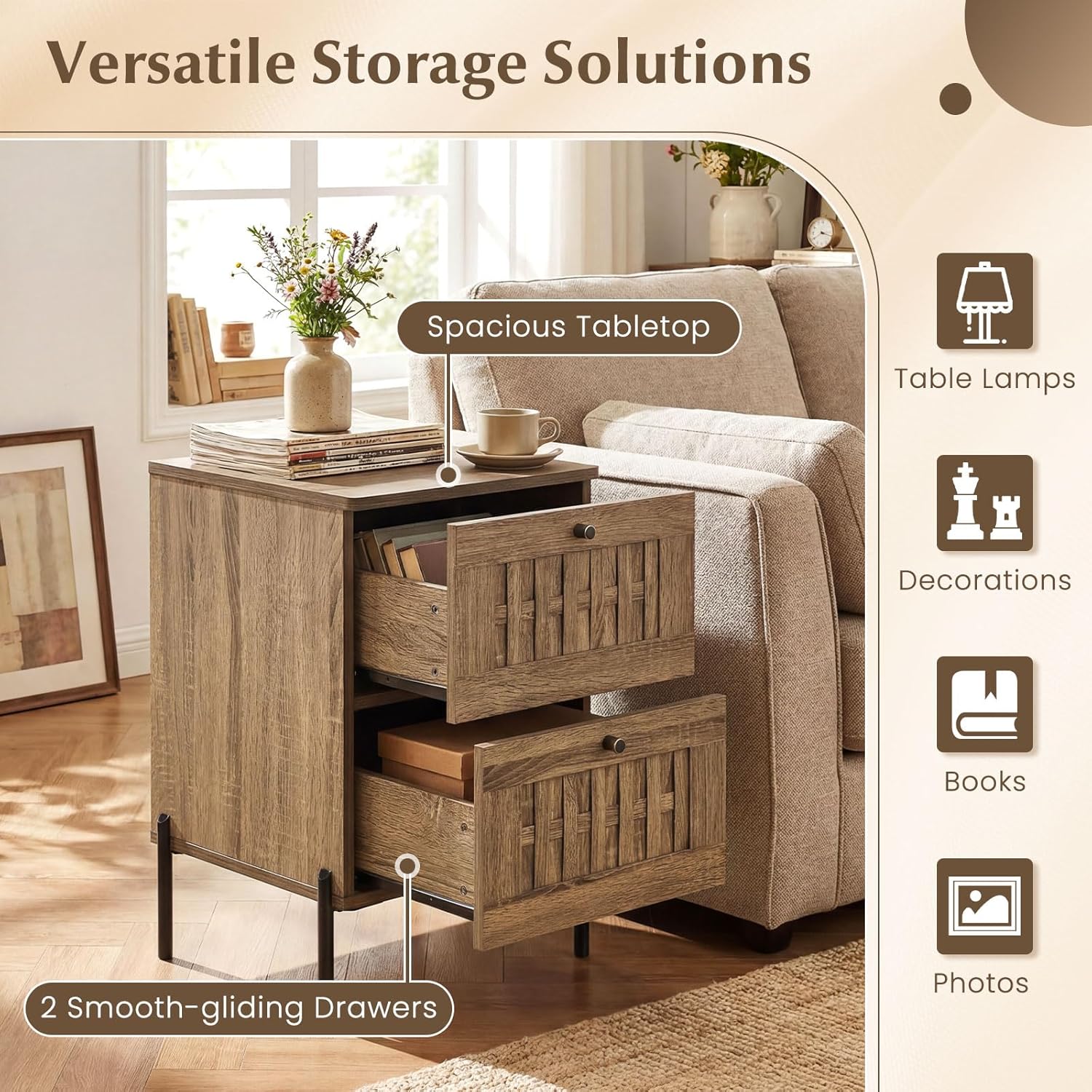 Giantex Night Stand, Mid Century Modern Sofa End Bedside Table w/2 Woven Storage Drawers & Raised Metal Support Legs, Wood Side Table for Bedroom Home Office, Rustic Oak (1) - Image 4