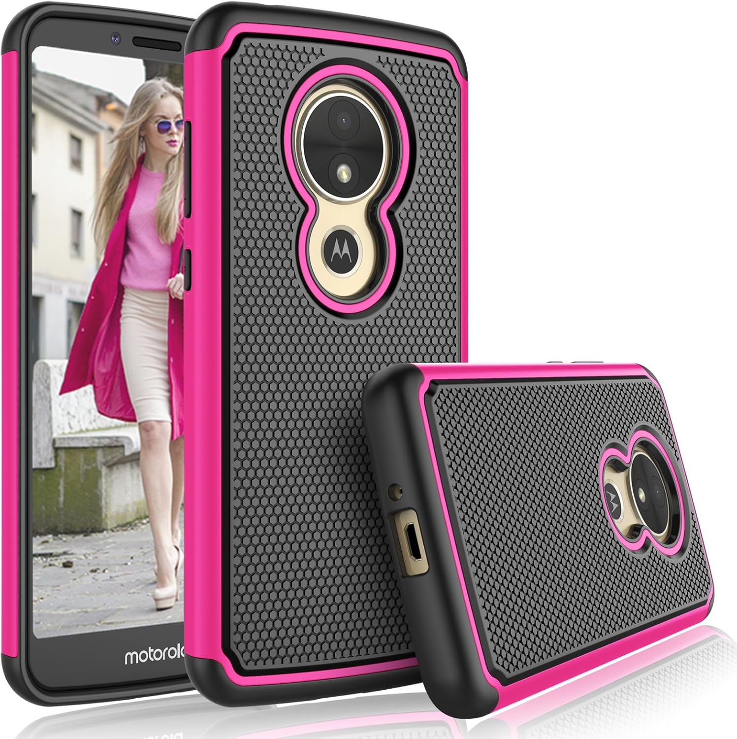 Tekcoo for Moto E5 Play Case,Motorola Moto E5 GO/Moto E5 Cruise Case for Girls, [Tmajor] Shock Absorbing [Hot Pink] Rubber Silicone Plastic Scratch Resistant Bumper Grip Cute Sturdy Cases Cover