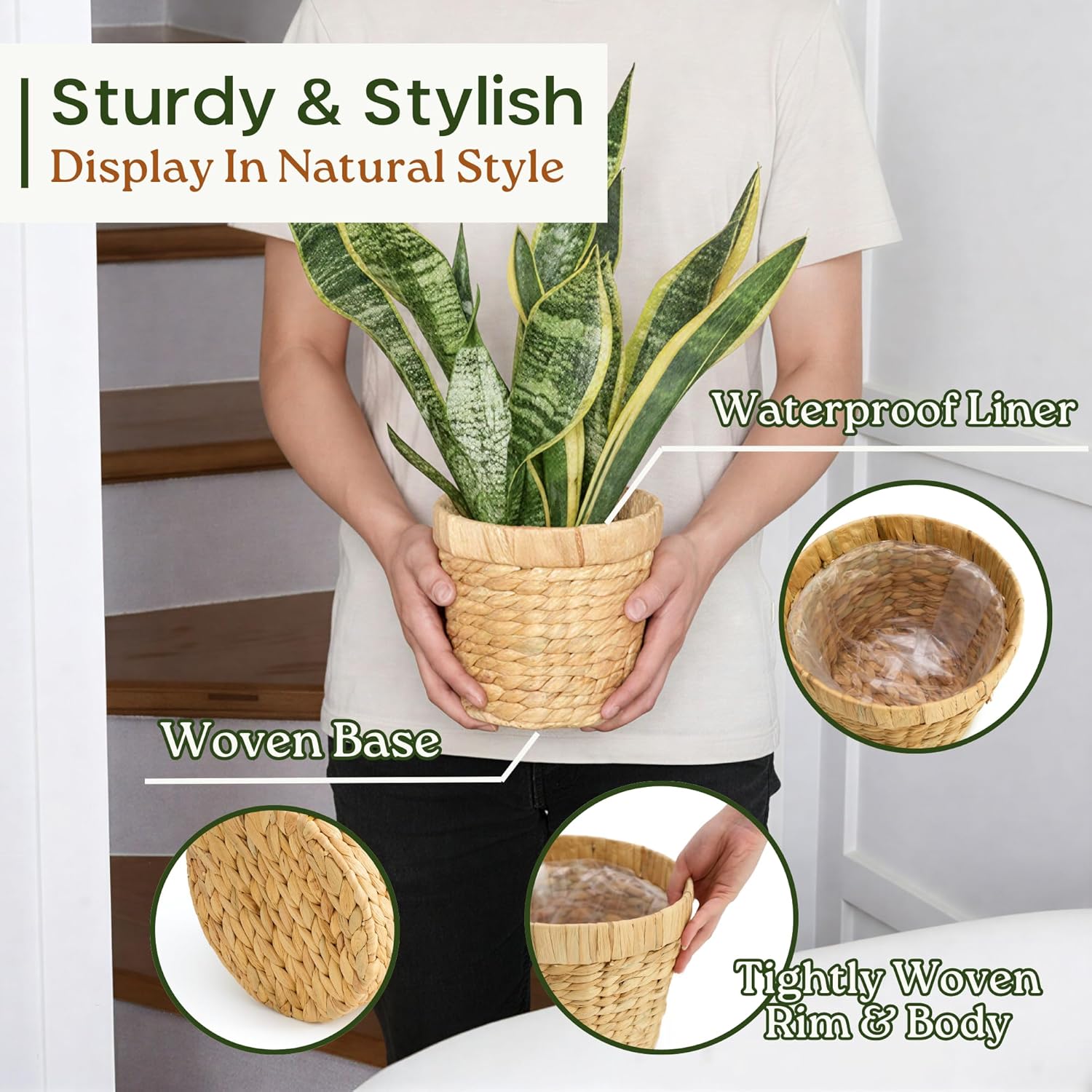 Indoor Water Hyacinth Plant Basket Set of 3, Woven Planter Baskets with Plastic Liner for Plants, Handwoven Plant Pots Decorative Wicker Planters for Home Décor (Saucer NOT Included)