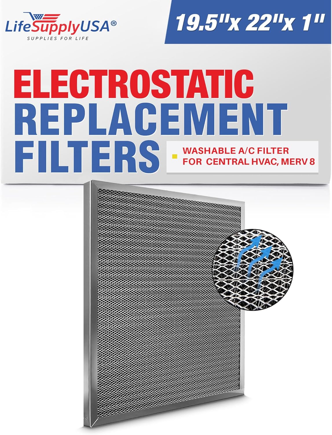 20x22x1 Electrostatic Air Filter, MERV 8, Washable, Reusable Furnace AC/HVAC Filter, Energy Saving, Easy to Clean, Long-Lasting by LifeSupplyUSA 1-Pack 1 Count (Pack of 1)