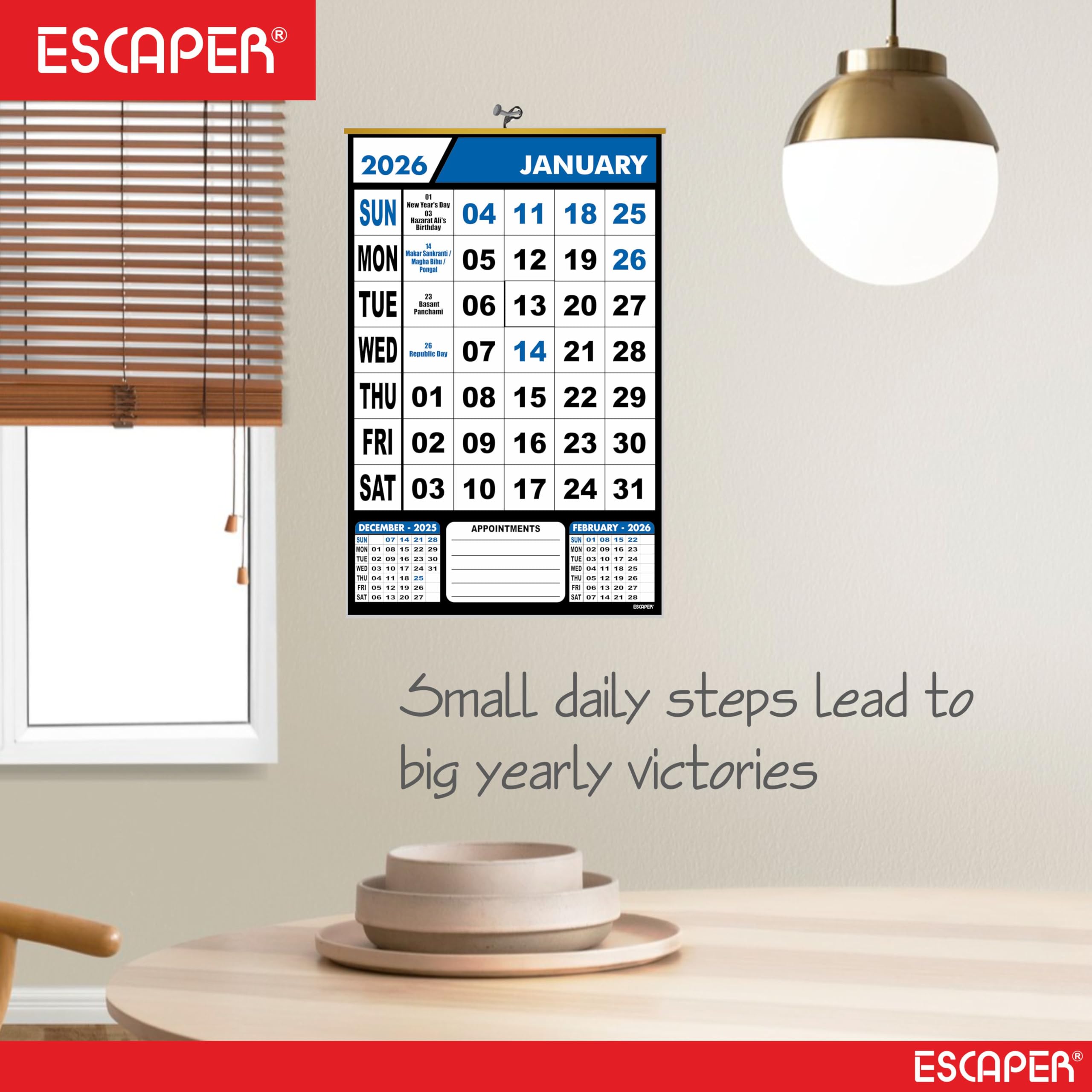 ESCAPER Calendario de pared azul 2026, calendario colgante grande con vacaciones indias, planificador mensual, papel de 100 g/m², diseño fácil de colgar, calendario de Año Nuevo 2026