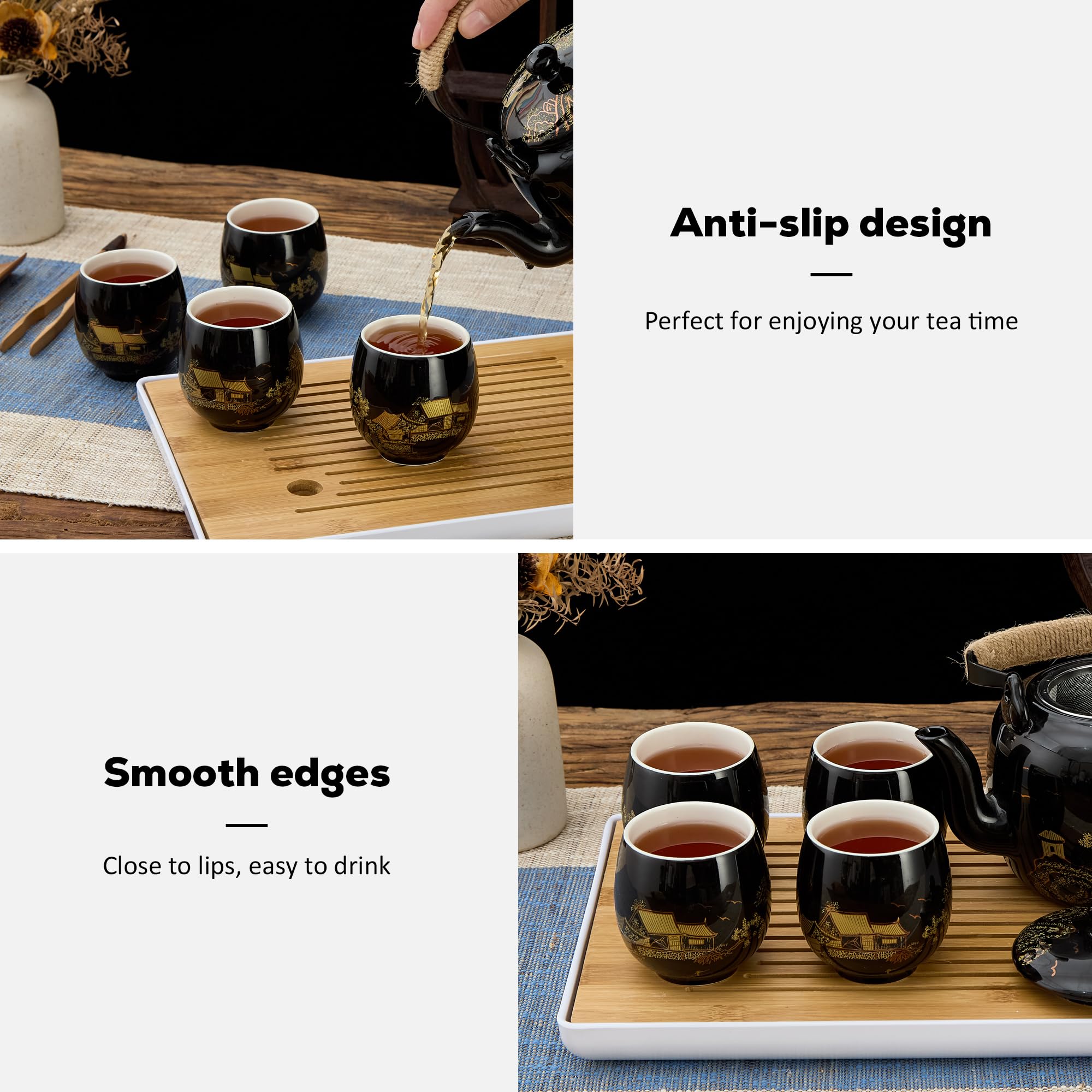 DUJUST Traditional Japanese Tea Cups Set of 4, Black Porcelain Chinese Tea Cups - Image 4