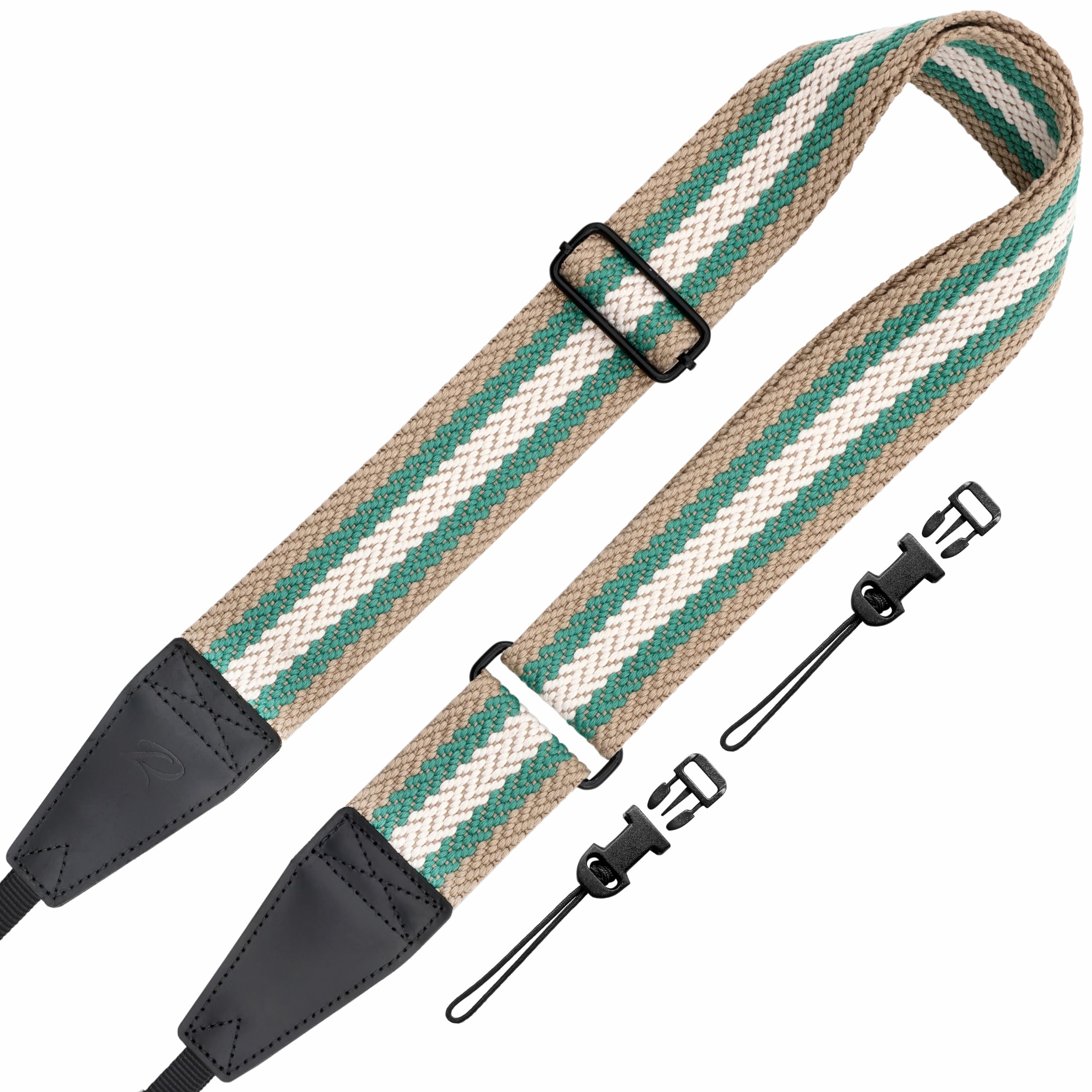 Padwa Lifestyle Extra Long Adjustable Camera Strap for Photographers - 2" Wide Full Grain Cowhide Leather Ends Camera Straps with Quick Release for All Cameras,Binoculars(Stripe White Green Beige)