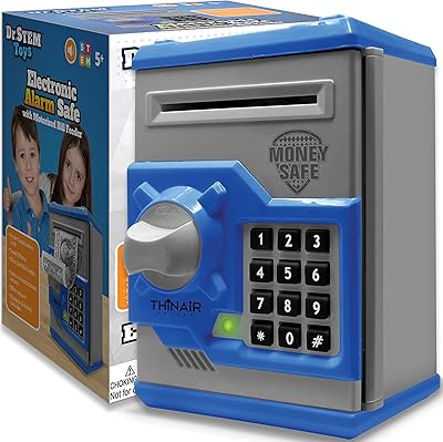 Dr. STEM Toys Electronic Alarm Safe for Kids - ATM Piggy Bank for Real Money with Fun Lights & Sound Effects, Automated Bill Feeder, Coin Slot, PIN Protection & More, for Boys & Girls, Blue