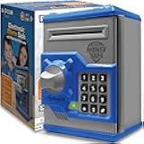 Dr. STEM Toys Electronic Alarm Safe for Kids - ATM Piggy Bank for Real Money with Fun Lights & Sound Effects, Automated Bill Feeder, Coin Slot, PIN Protection & More, for Boys & Girls, Blue
