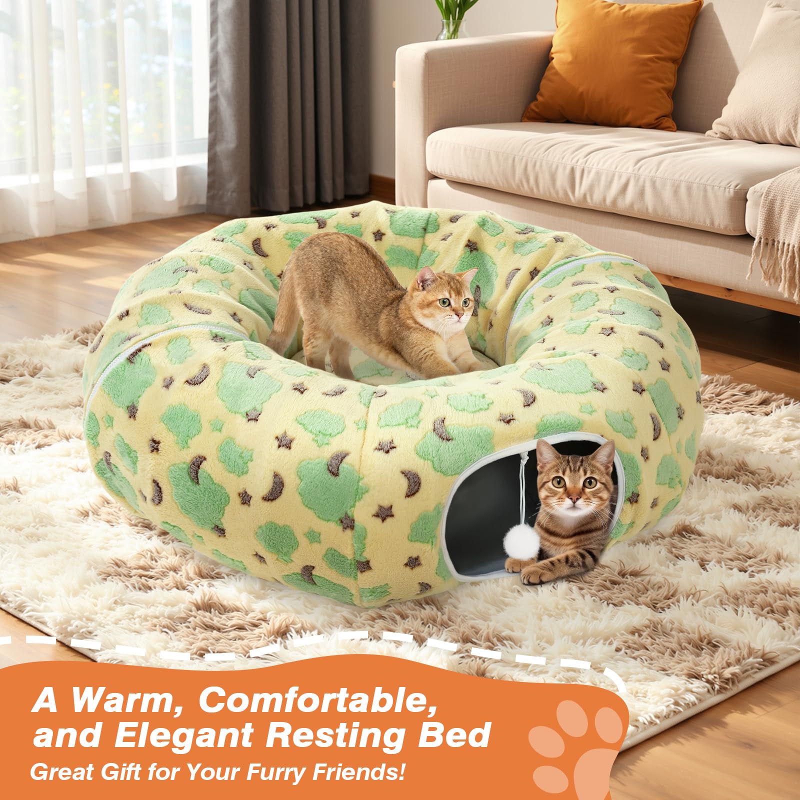 Tunnel per Gatti da Interno, Letto-Tunnel in Peluche 90 cm con Palla Giocattolo e Cuscino Circolare, Grotta Interattiva Peekaboo, Regalo per Gatti e Coniglietti, Giallo & Nuvole