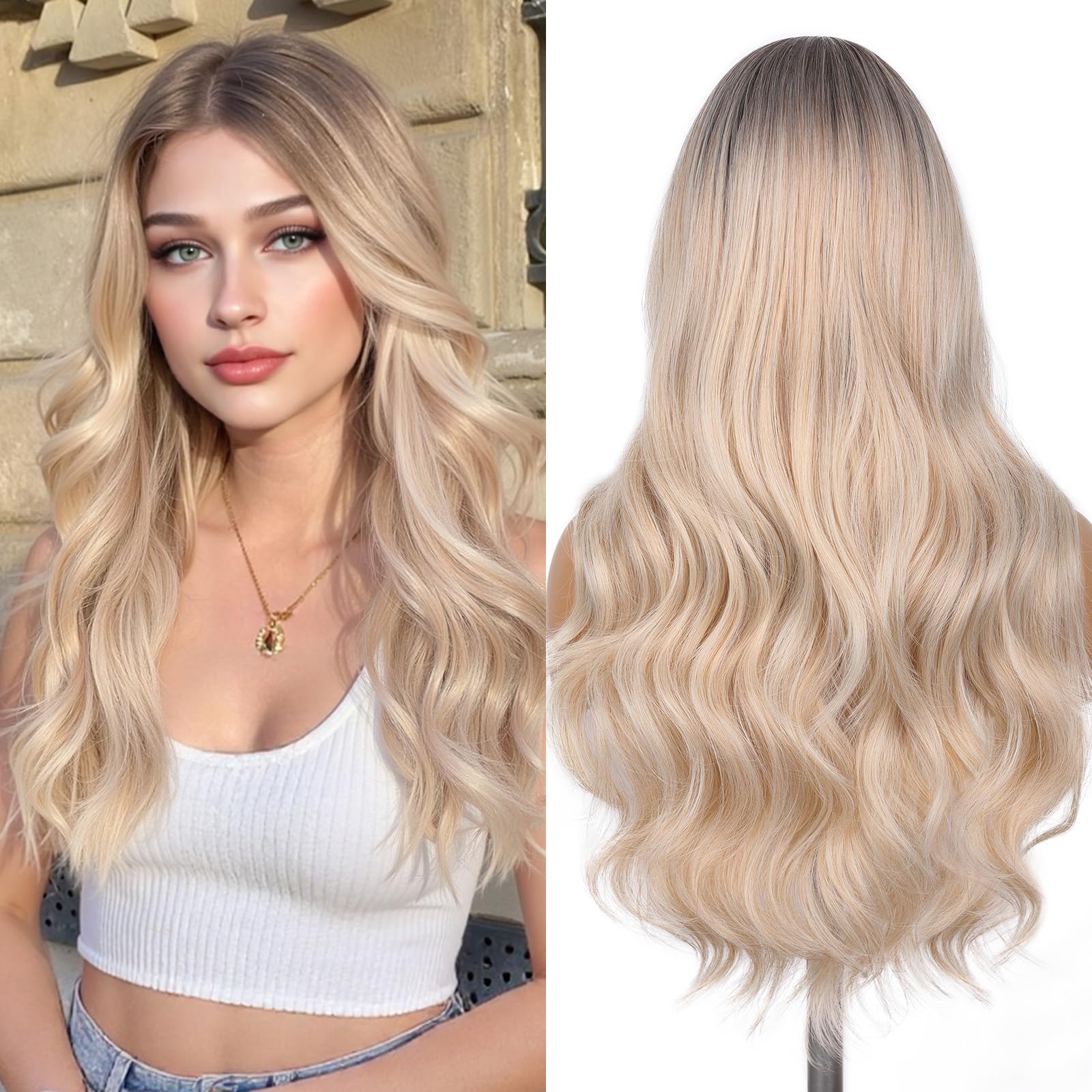 Lady Miranda Blonde Wigs for White Women Brown to Ash Blonde Natural Looking High Density Heat Resistant Synthetic Hair Weave Full Wigs for Women Middle Part Long Ombre Blonde Wavy Wig (T/Ash Blonde)