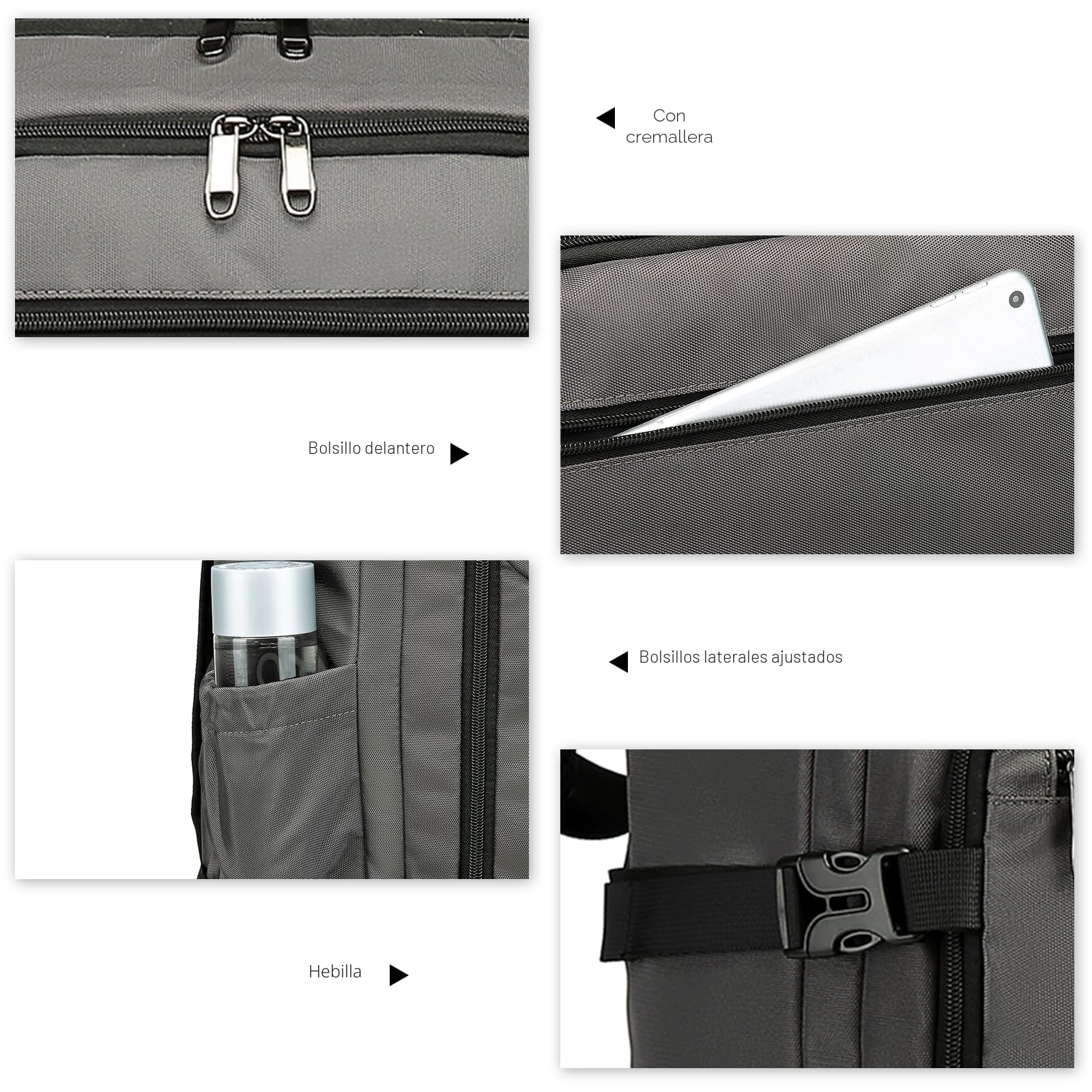 Kono Mochila Viaje Cabina Avion 55x35x20, Maleta Cabina, Mochila de Viaje con Correa Ajustable, Equipaje de Mano 38L para Hombres y Mujeres (Gris)