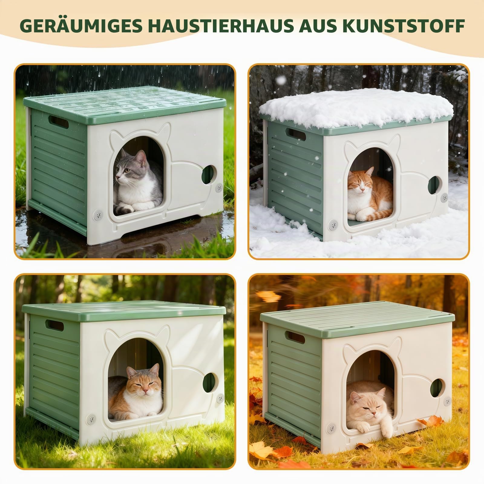 Katzenhaus Höhle für Innen- und Außenbereiche, stapelbare Frettchen-Wasserdicht-Schutzhütte isoliert erhöht mit Katzenkörbematte Grün