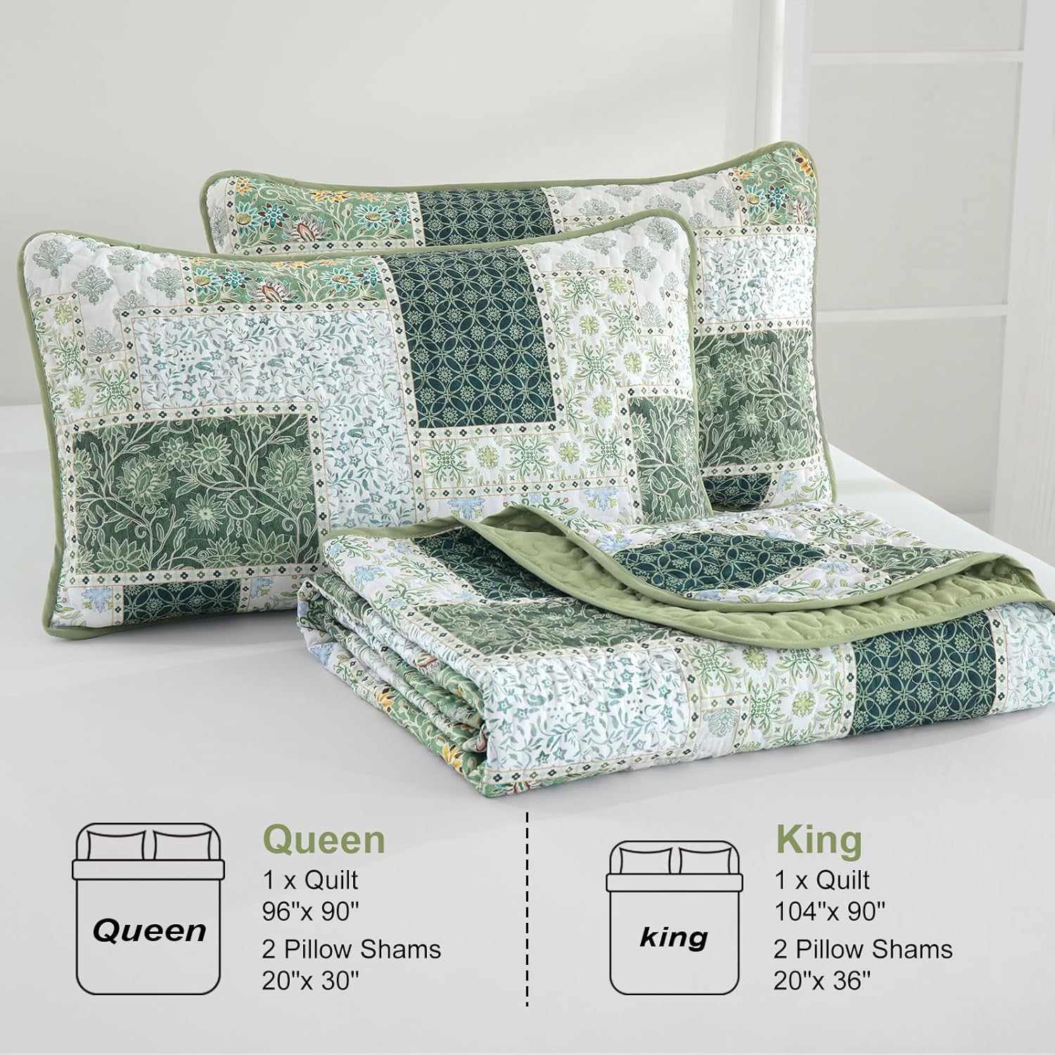 Xruibed Patchwork Quilt Set Queen Size 3 Pieces Green Floral Plaid Bedspread Set Reversible Quilt Bedding Set Microfiber Bedding Bedspread Coverlet Set for All Season(Queen 96"x90") - Image 7