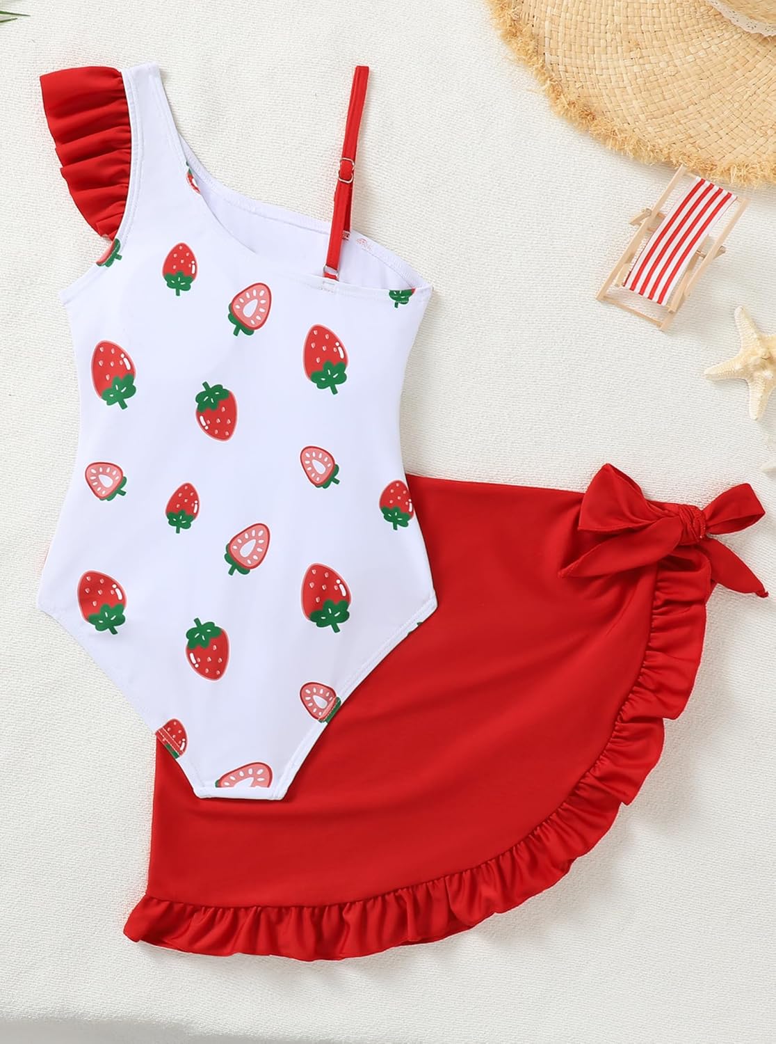 Girls One Piece Swimsuits Ruffle Sleeve Strawberry Bathing Suits with Wrap Swim Skirt Cover Up
