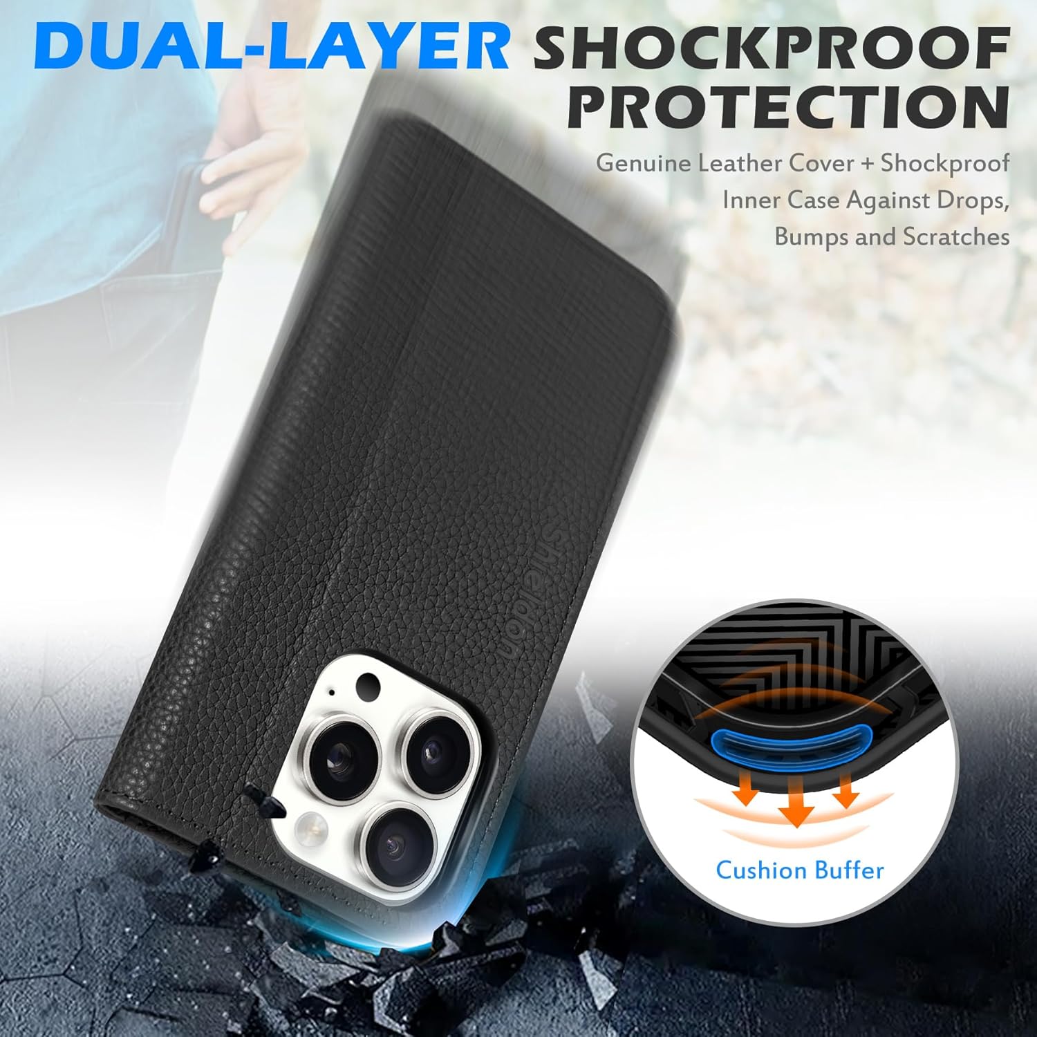 SHIELDON Case for iPhone 16 Pro 5G, Genuine Leather Wallet Flip Magnetic Cover RFID Blocking Card Slots Carry-All with Kickstand Shockproof Case Compatible with iPhone 16 Pro 2024 - Pebbled Black - Image 6