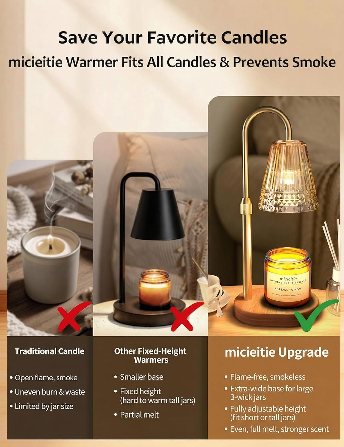 Candle Warmer Lamp with Timer Dimmable 2PCS, Height Adjustable Candle Lamp Warmer for Jar Candles, Housewarming Gift, Birthday Mother's Day Valentines Gifts for Women Mom Wife Bedroom Home Room Decor