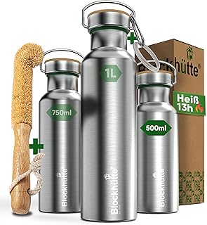 Blockhütte Premium Edelstahl Trinkflasche isoliert I 500ml I mit Flaschenbürste I Die iso Trinkflasche ist auslaufsicher I Wasserflasche spülmaschinenfest für Kinder, Schule I BPA Frei