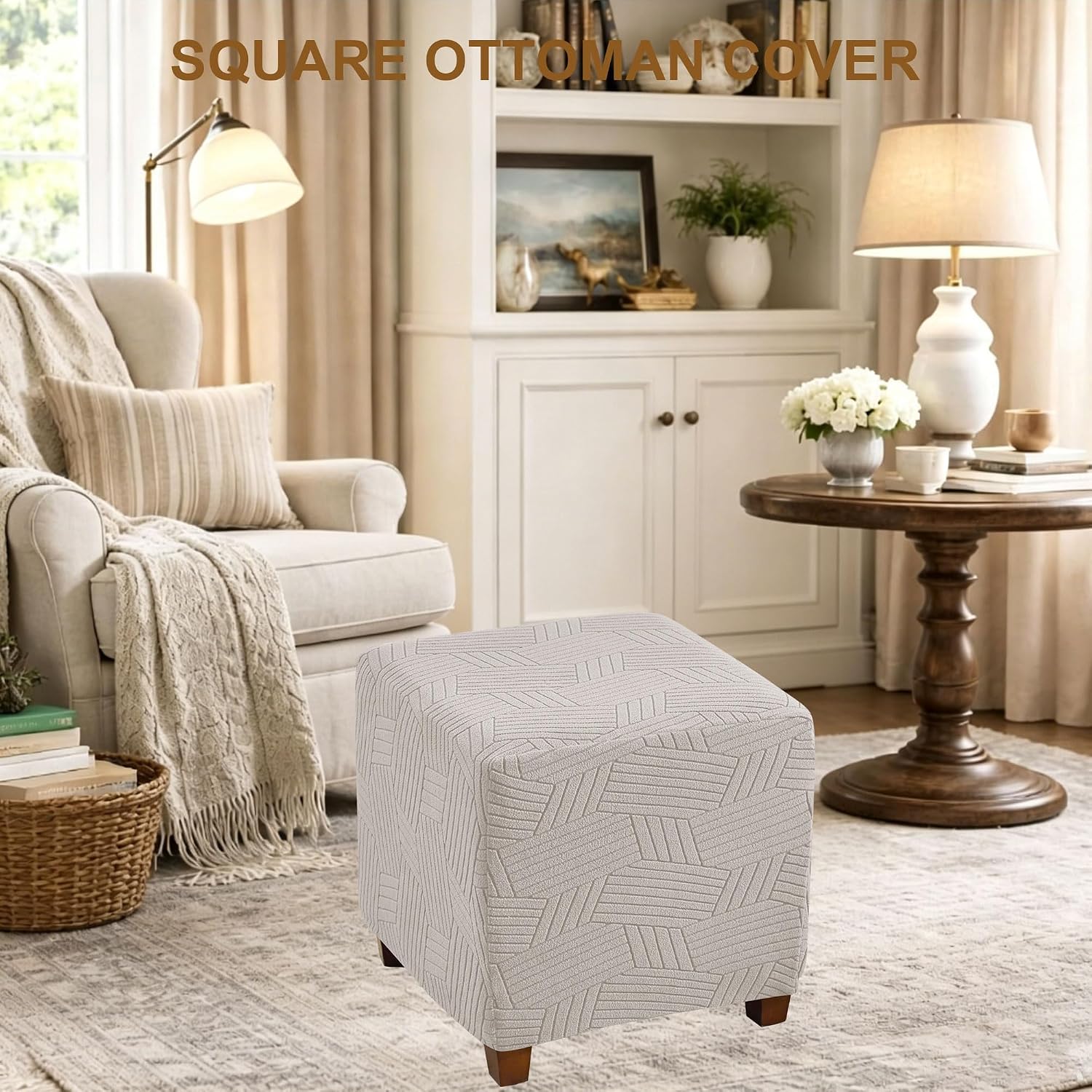 Small Ottoman Cover Square Footstool Cover 1 Pack Khaki