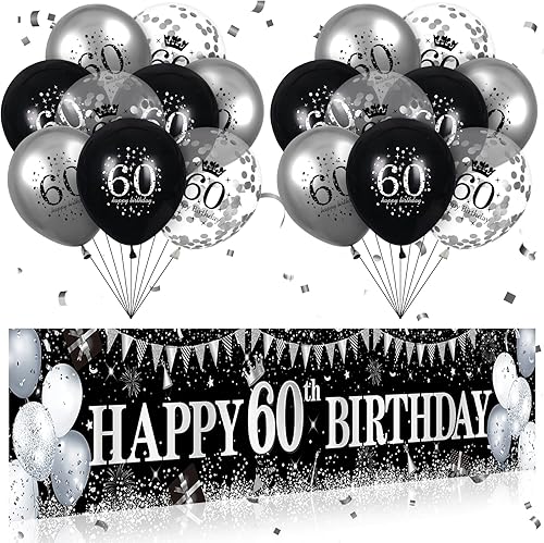 Decoraciones de feliz cumpleaños 60, pancarta negra y plateada, letrero de patio, globos de 18 piezas para hombres y mujeres, fiesta de cumpleaños