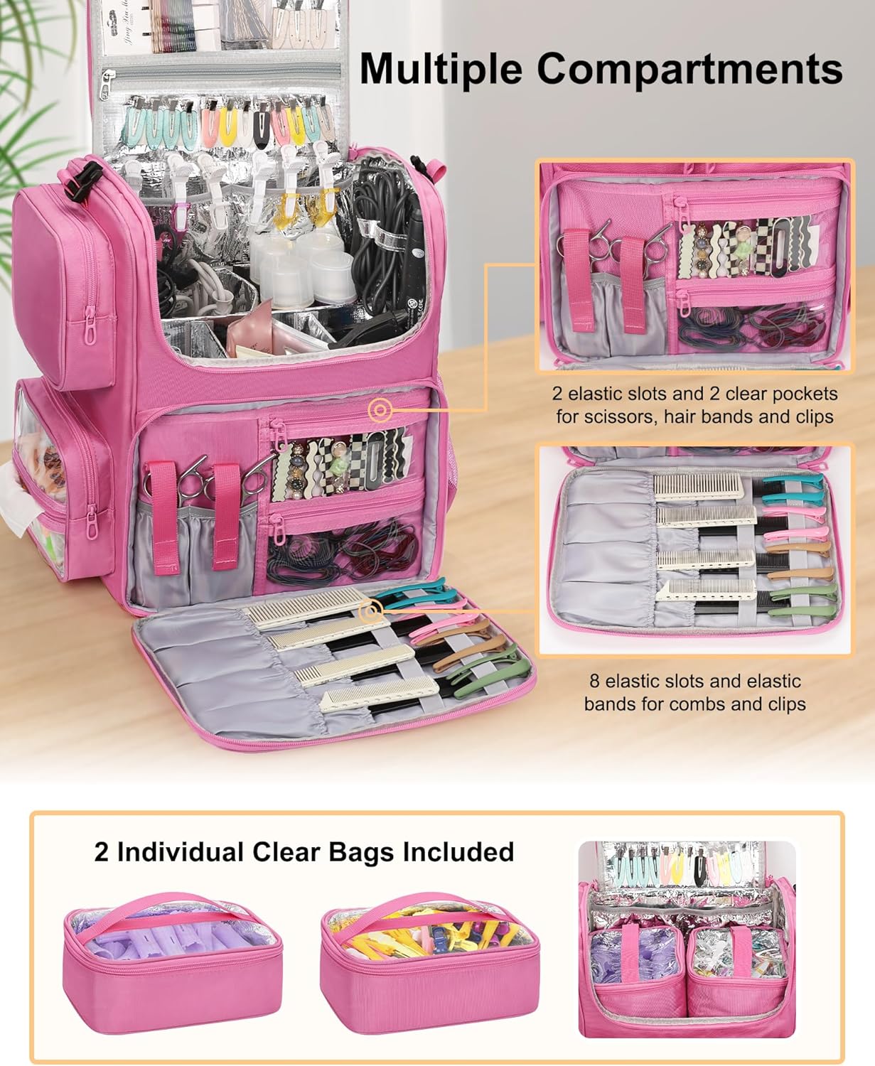 Relavel Hair Tools Travel Bag Hair Stylist Backpack Hairdresser Cosmetology Bag, Heat Insulation Full Layer for Curling Iron, Hair Straightener, Travel Accessories Case Barber Organizer (Rose Pink)