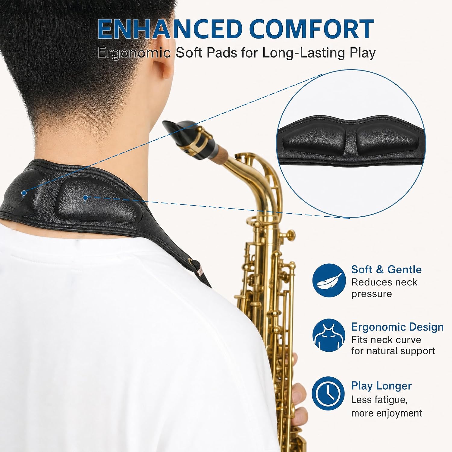 Saxophone Neck Strap - Ergonomic Padded Leather Alto Sax Strap with Rubberized Protectionl Swivel Snap Clip, Reduces Neck Pressure, for Alto/Tenor/Baritone/Soprano Saxophone