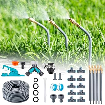 360  Bendable Adjustable Drip Irrigation System Kit, 65.6FT/20M Complete Garden Watering Misting Cooling Systems with 10 Pcs Brass Mist Nozzles and Hose Splitter for Yard Lawn Plants Flower Bed