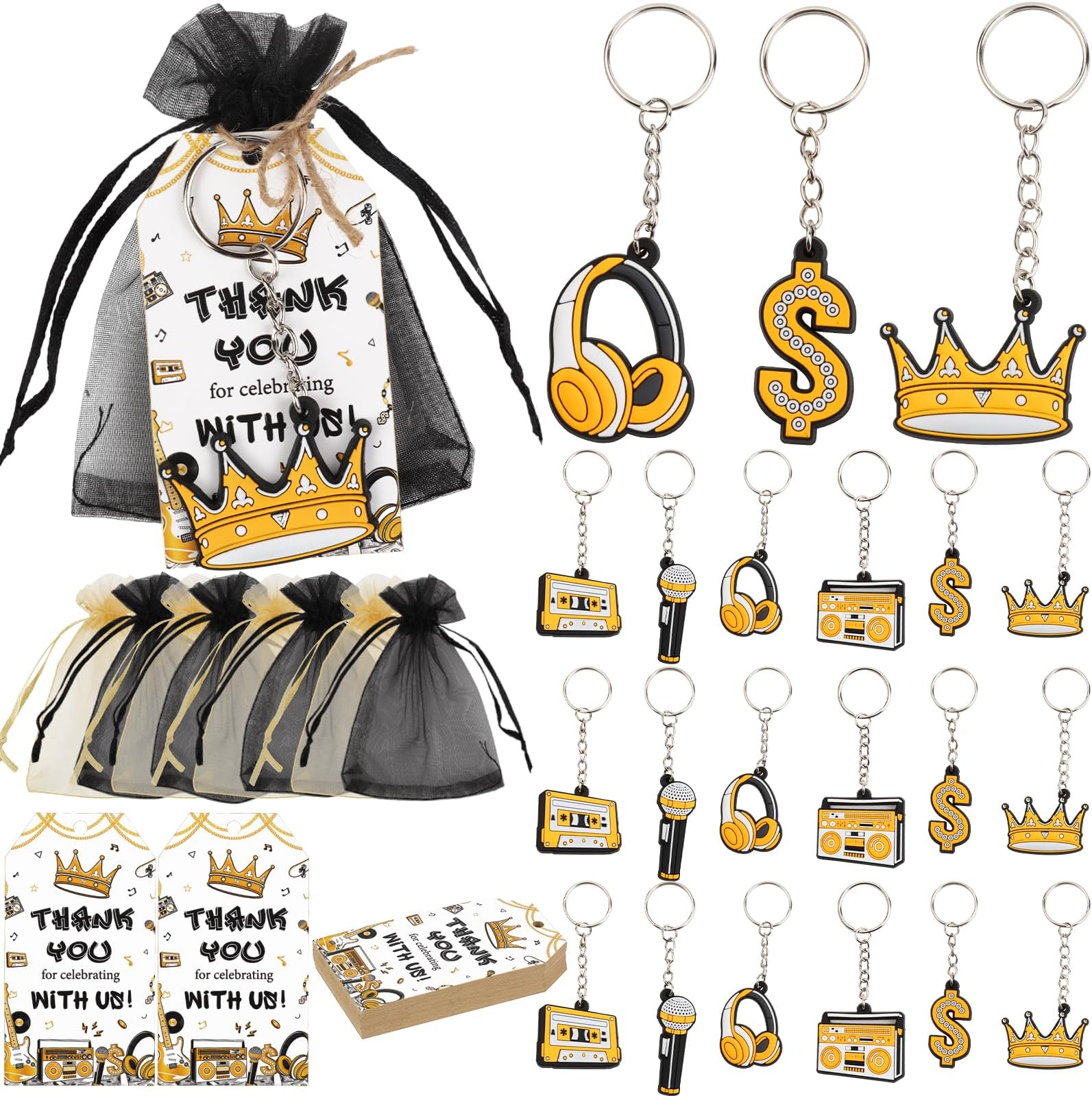 30 Sets Notorious Party Favors, Hip Hop Big One Birthday Decorations Include Notorious Keychains Gold Black, Thank You Gift Tags Organza Bags for Rap Musical Rockstar Party Decorations