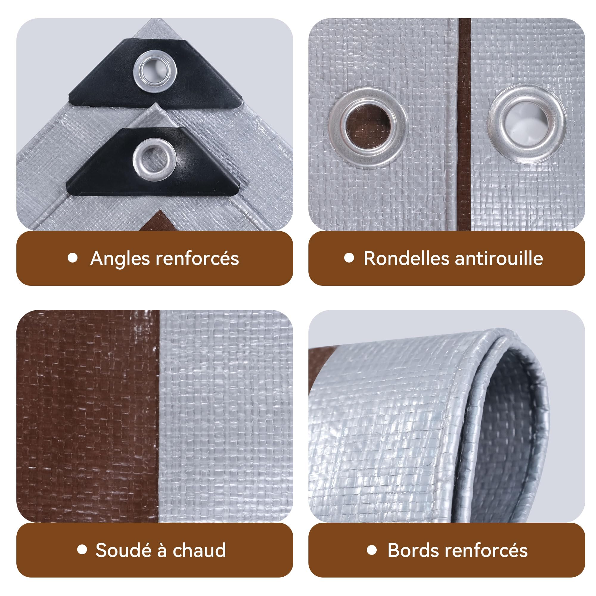 Bâche 1,5x2m 155g/m² Imperméable en Polyéthylène, Anti-UV | Polyéthylène haute densité, œillets soudés renforcés, anti-UV, résistante aux intempéries, jardin, camping (Argent/Marron)