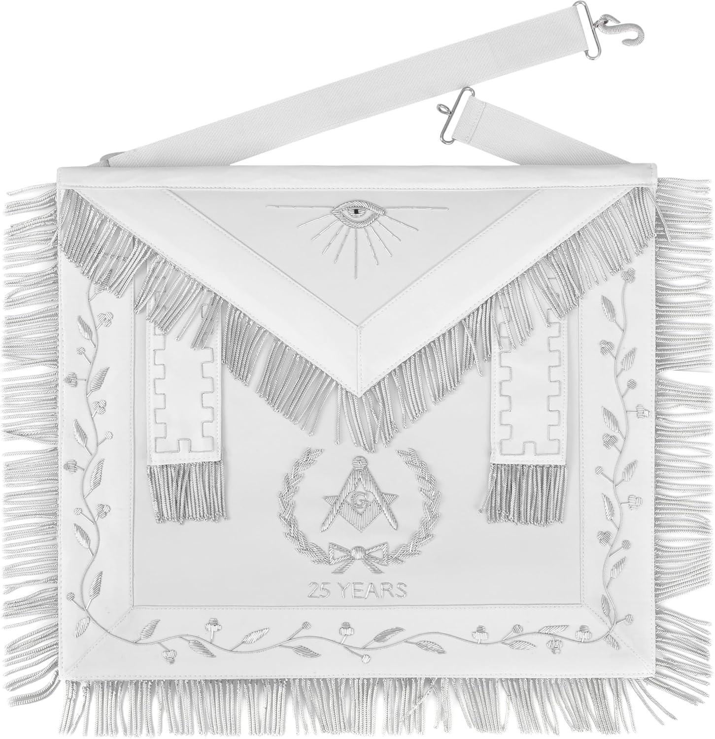 Bricks Masons Master Mason Blue Lodge Apron - All White Bullion With Wreath Customizable Anniversary Year