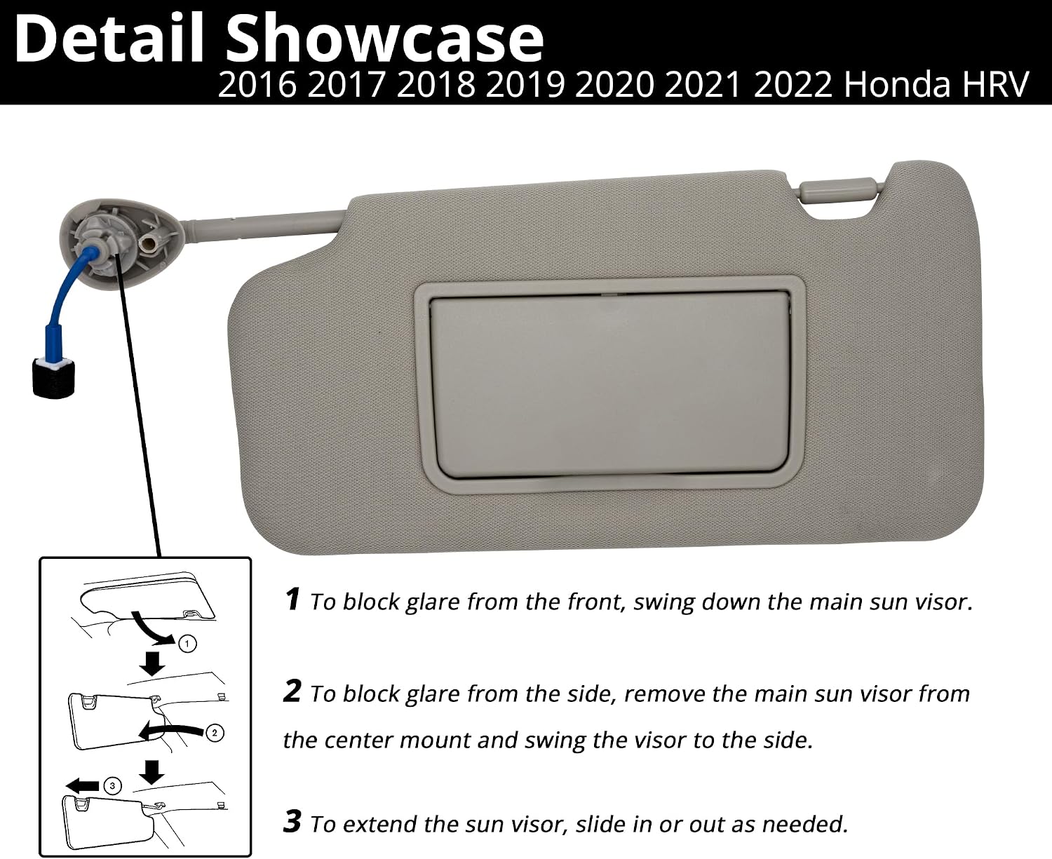 Sun Visor Fits for Honda HRV 2016-2022 Left Driver Side with Light Replaces 83280-T7W-A12ZA Gray