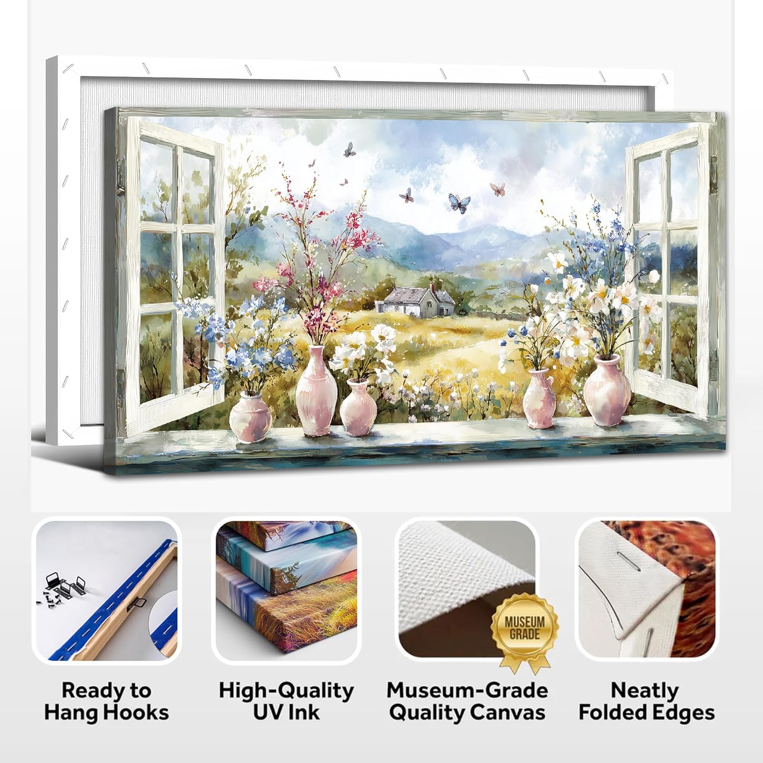 KVTM Farmhouse Floral Artwork Decor, Rustic Flower Canvas Wall Art, Pink and White Blossoms Country Landscape Window Painting Vintage Pictures for Bedroom Bathroom Living Room Decor, 16x32 inches