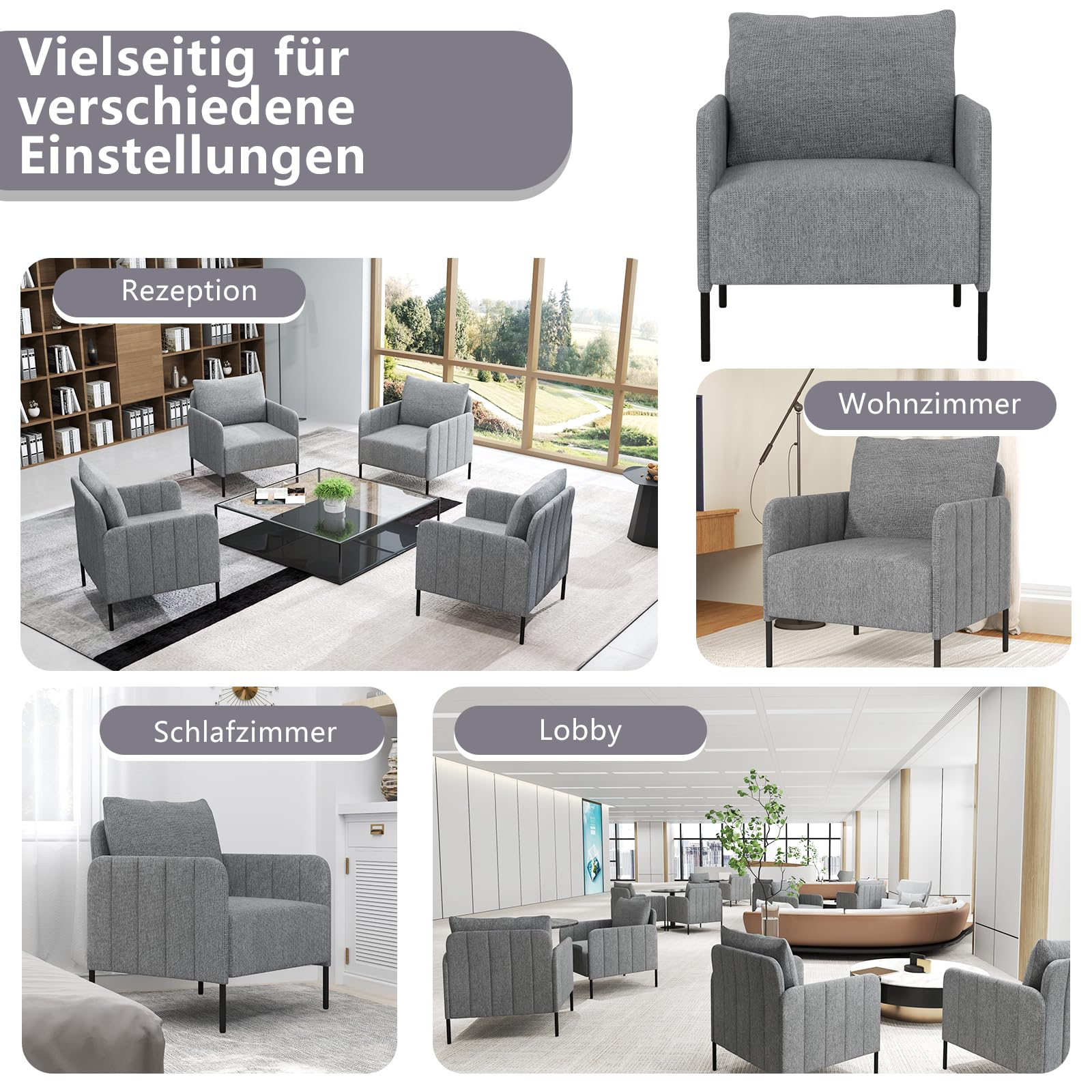 COSTWAY Fotel do salonu, pojedyncza sofa z poduszkami, fotel wypoczynkowy z regulowanymi poduszkami na stopy, wygodna sofa, nowoczesny fotel relaksacyjny do sypialni, gabinetu, szary