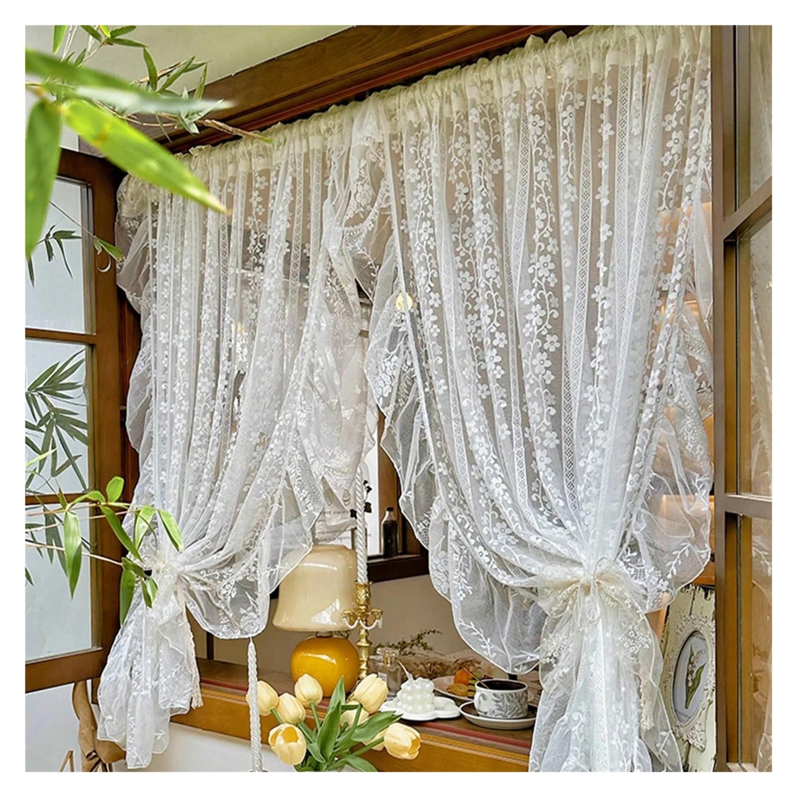 WWPMNQD Ruffled Curtains 2PC White Embroidered Lace Curtain, Romantic Ruffled Voile Rod Pocket, Light Filtering Floral Sheer Curtains For Bedroom for Bedroom(2PC W132 X H213CM)