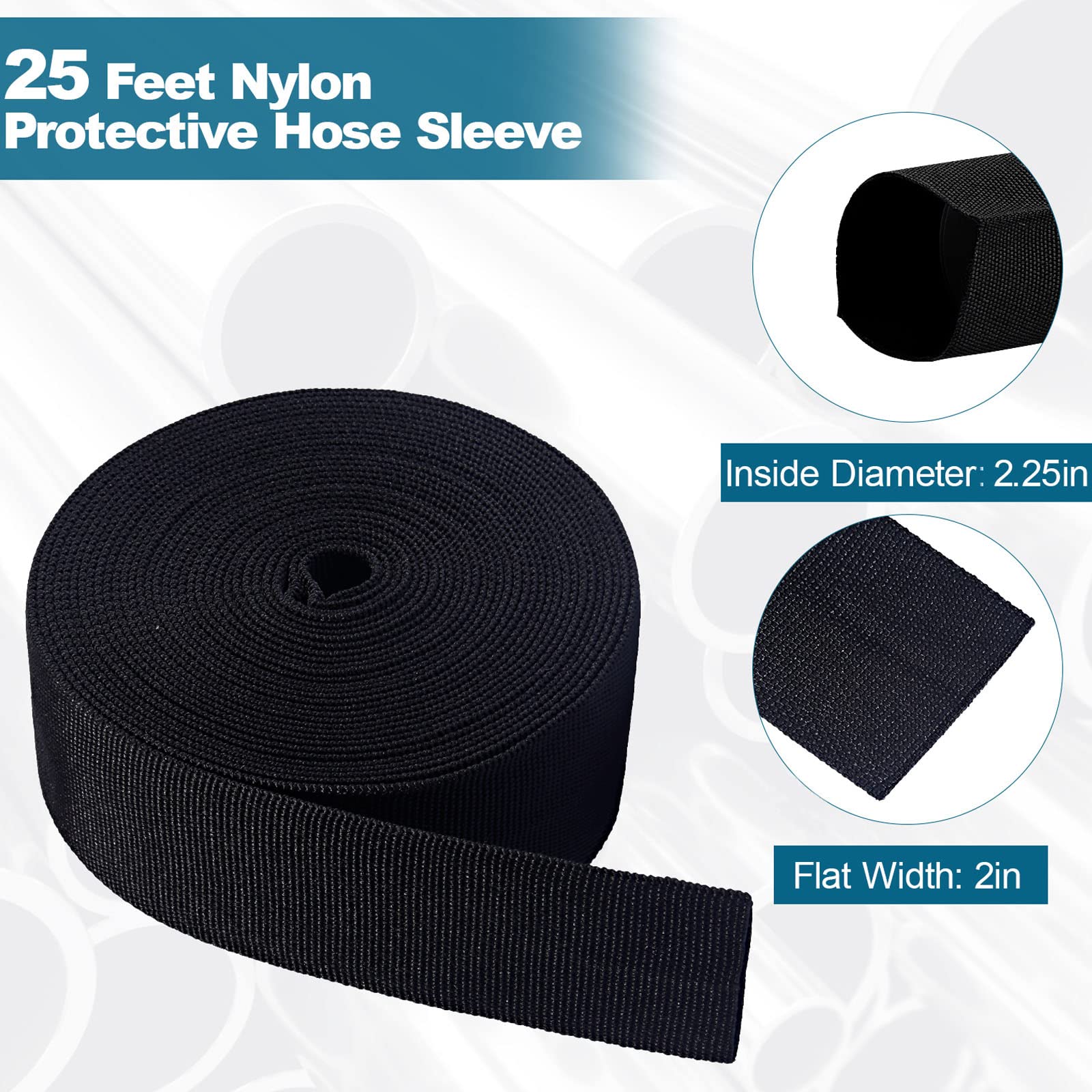 Funda protectora de nailon para manguera hidráulica de 25 pies, cubierta de cable de soldadura para protección contra la abrasión de larga duración, diámetro interior de 2.25 pulgadas, color negro