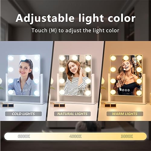Miniatura 2 de Espejo de tocador con luces, espejo de maquillaje Hollywood con 9 bombillas LED regulables, 3 modos de iluminación de color, aumento desmontable de