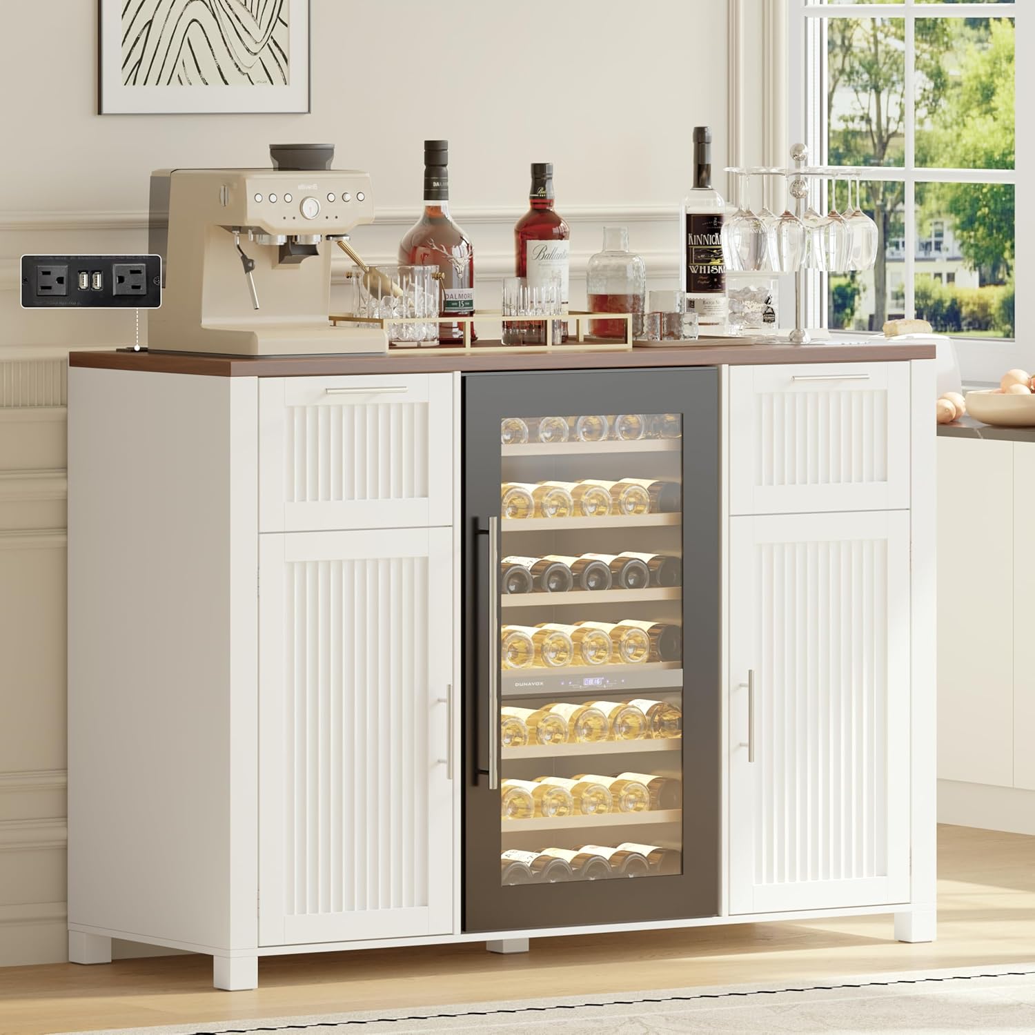 VORONOI Large Coffee Bar Cabinet with Fridge Space, 53.2" Fridge Cabinet with Power Outlet & Pull Out Drawer, Modern Fluted Design Wine Cabinet with Storage for Home, Kitchen, Dining Room,White