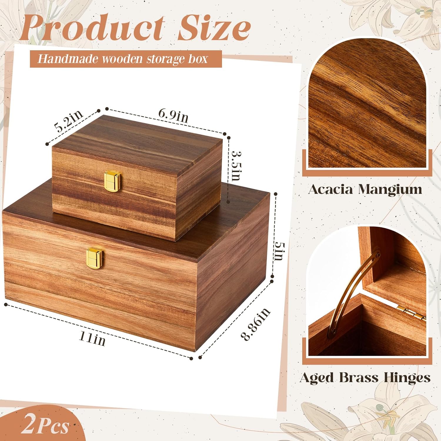 Vicenpal 2 Wooden Wedding Keepsake Boxes with Hinged Lid, Acacia Wood Memory Chest 11 x 8.7 x 5 & 6.9 x 5.2 x 3.5, Decorative Chest, Storage Gift Ideas for Engagement Newlywed, Natural Wood Color