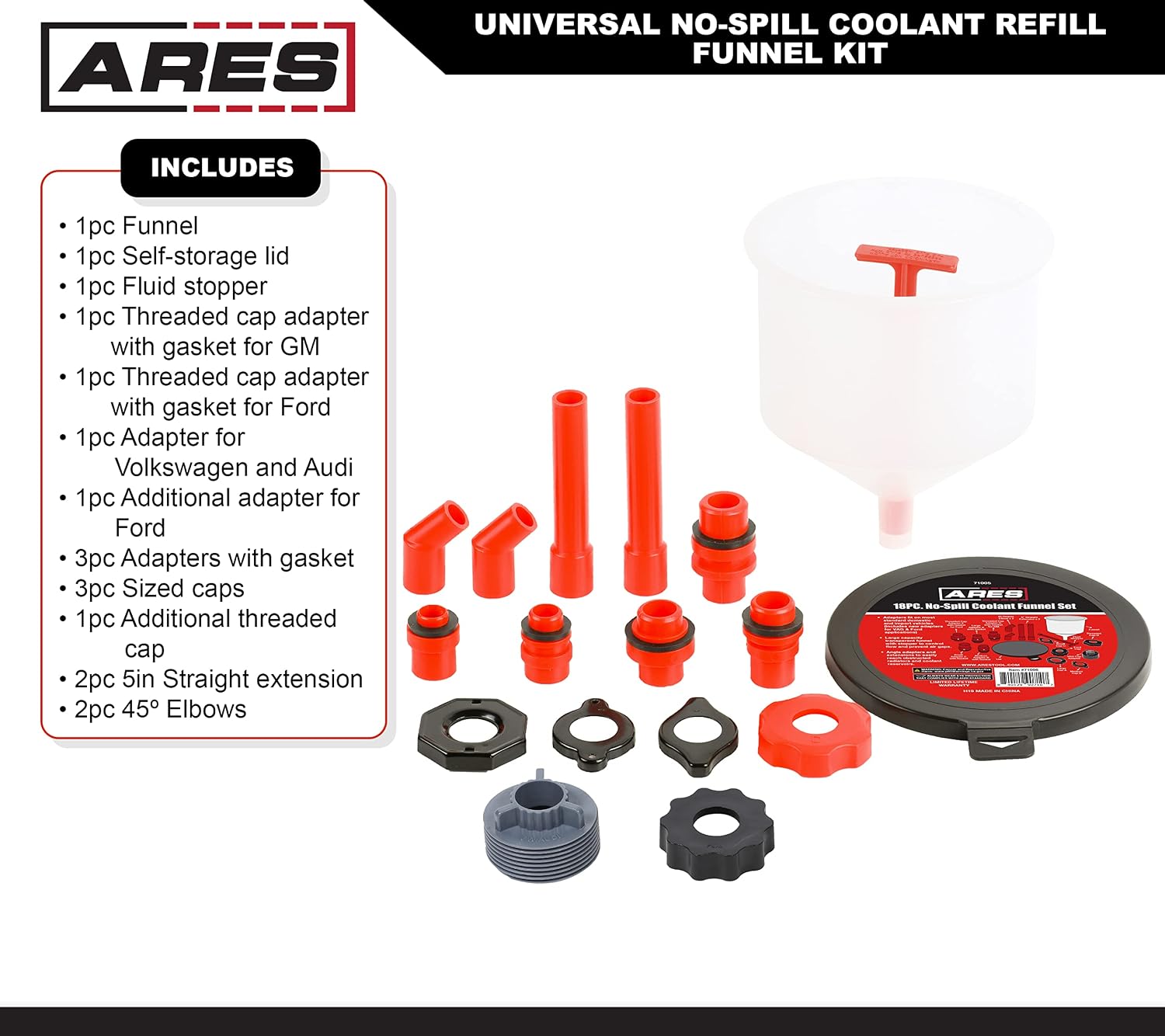 ARES 71005 – 18 Piece Spill-Free Coolant Refill Funnel Set - Eliminates Air Pockets and Squeaky Belts Due to Overflow Spillage– Versatile Angled Adapters – Adapters Compatible with Ford and VW/Audi