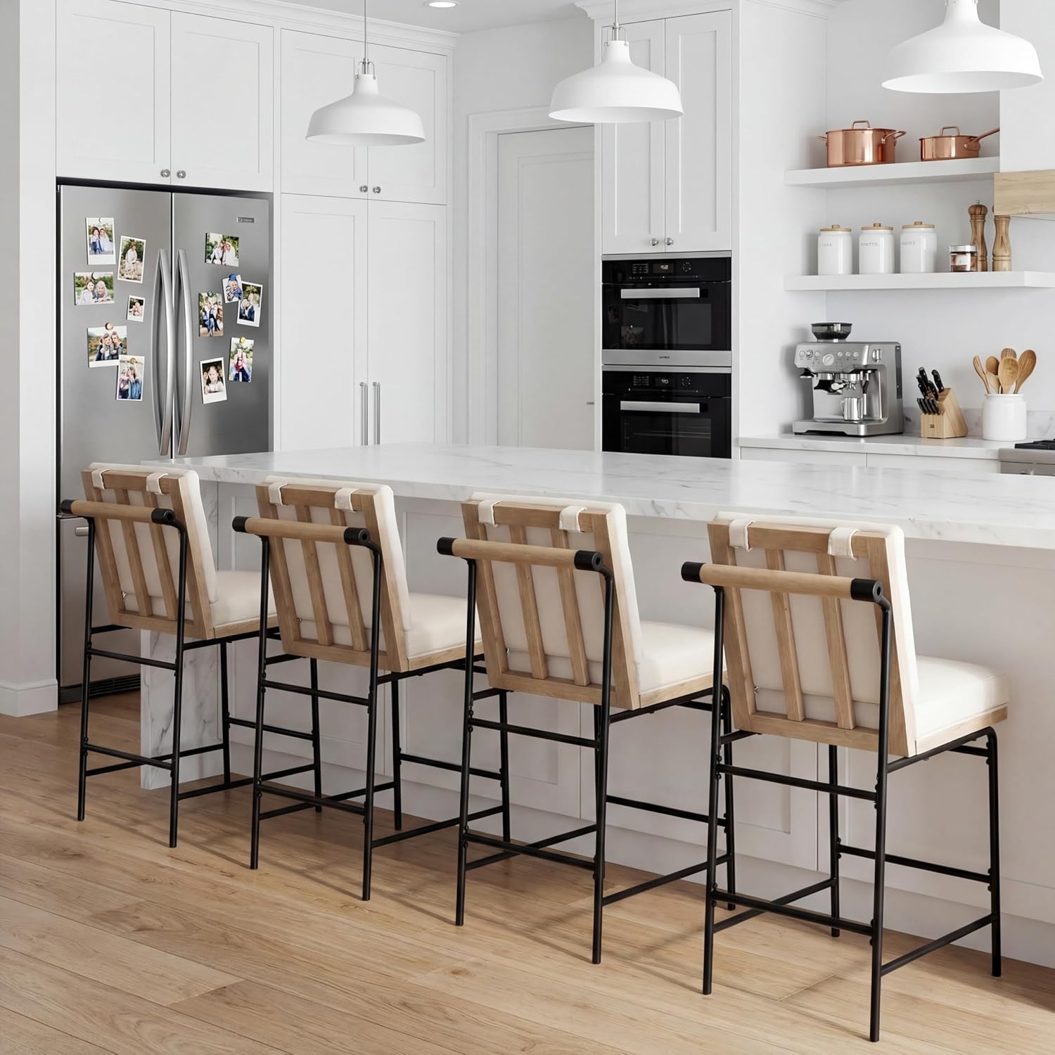 26" Linen Bar Stools Set of 4, Modern Counter Barstools with Back, Comfy Counter Height Bar Stools with Metal Legs, Upholstered Accent Kitchen Island Chairs for Dining Room/Restaurant, Beige