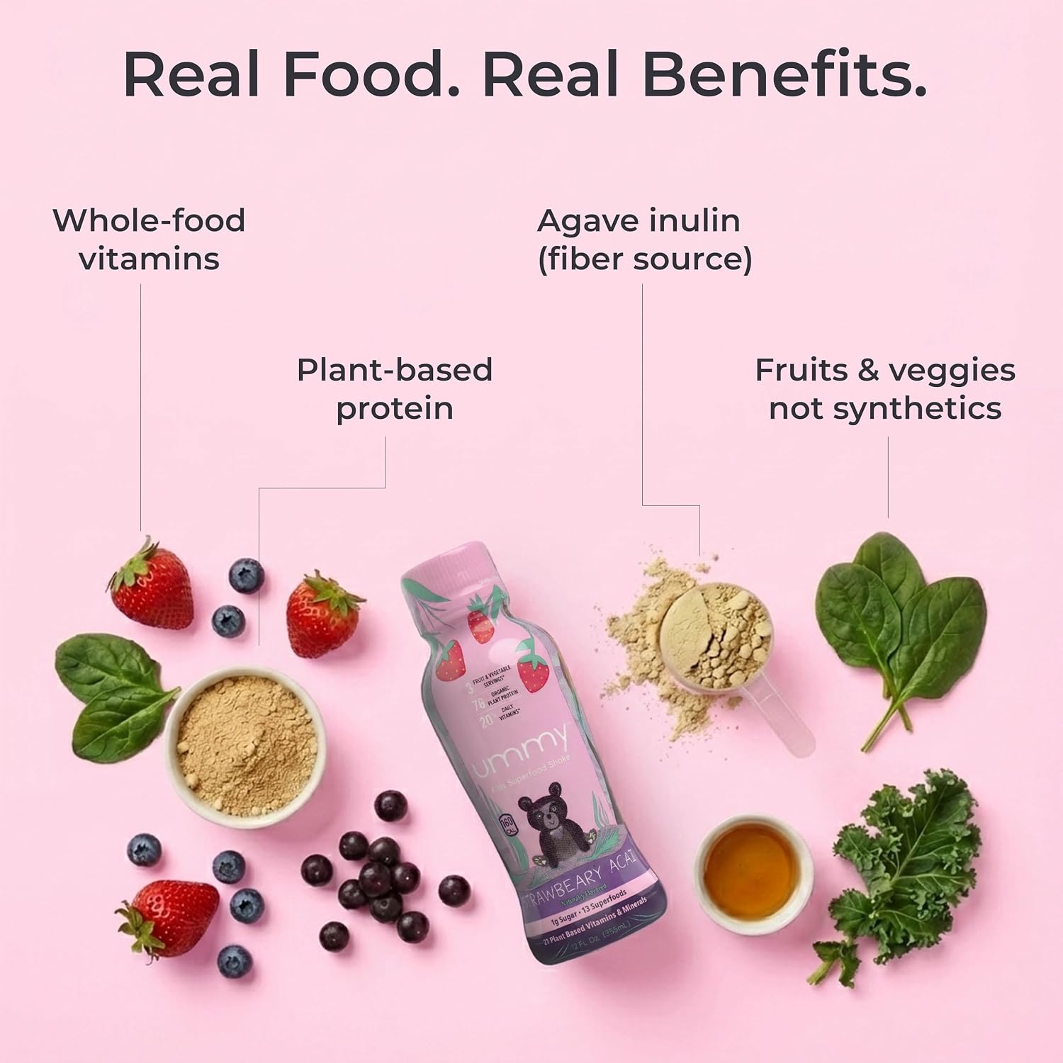 Kids Daily Nutrition Support Superfood Shake – Organic Strawberry, 7g Prebiotic Fiber, 0g Added Sugar, Non-Dairy, Gluten Free, 12oz Bottles (12-Pack), Plant-Based Nutrition for Growing Kids