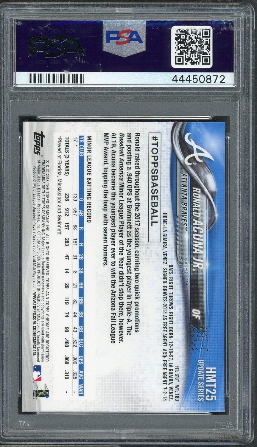 Ronald Acuna Jr 2018 Topps Chrome Update Baseball Rookie Card RC #HMT25 Graded PSA 10 GEM MINT (Cert# 44450872), 2018 Topps Baseball Cards Complete Set