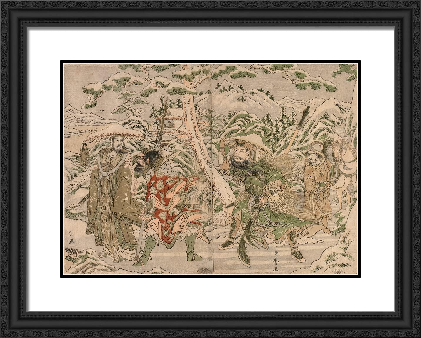 ArtDirect Utamaro, Kitagawa 24x19 Black Ornate Framed Art Print with Double Matting Titled: Winter Scene from The Romance of The Three Kingdoms