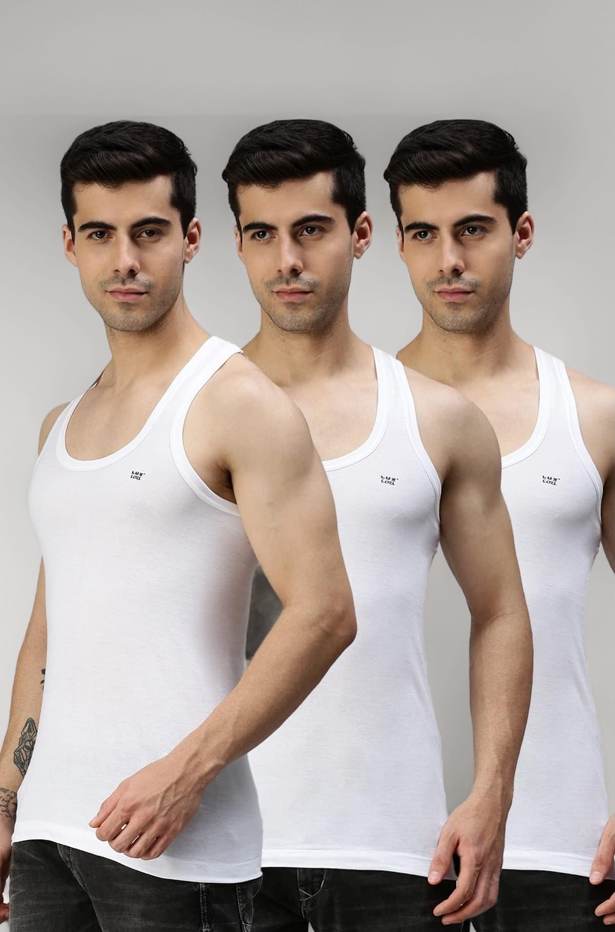 Lux Cozi Men's White Round Neck Sleeveless Cotton Vest (Pack of 3)