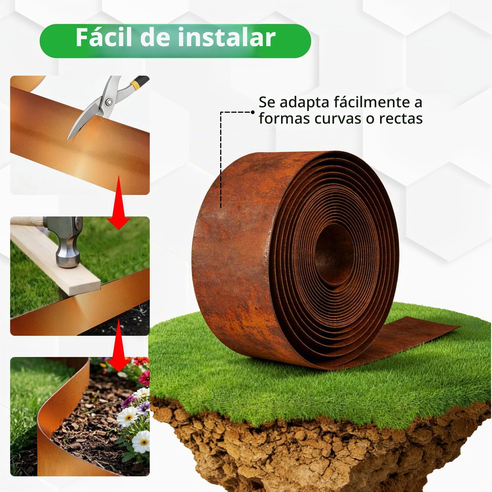 Bordura Acero Corten 5m X 15.5cm - Borde Jardin Flexible Y Resistente a La Intemperie - Separador De Césped Y Parterres con Aspecto Oxidado Natural, Fácil Instalación | Cercado flexible de metal con aspecto oxidado, resistente a la intemperie y borde de c